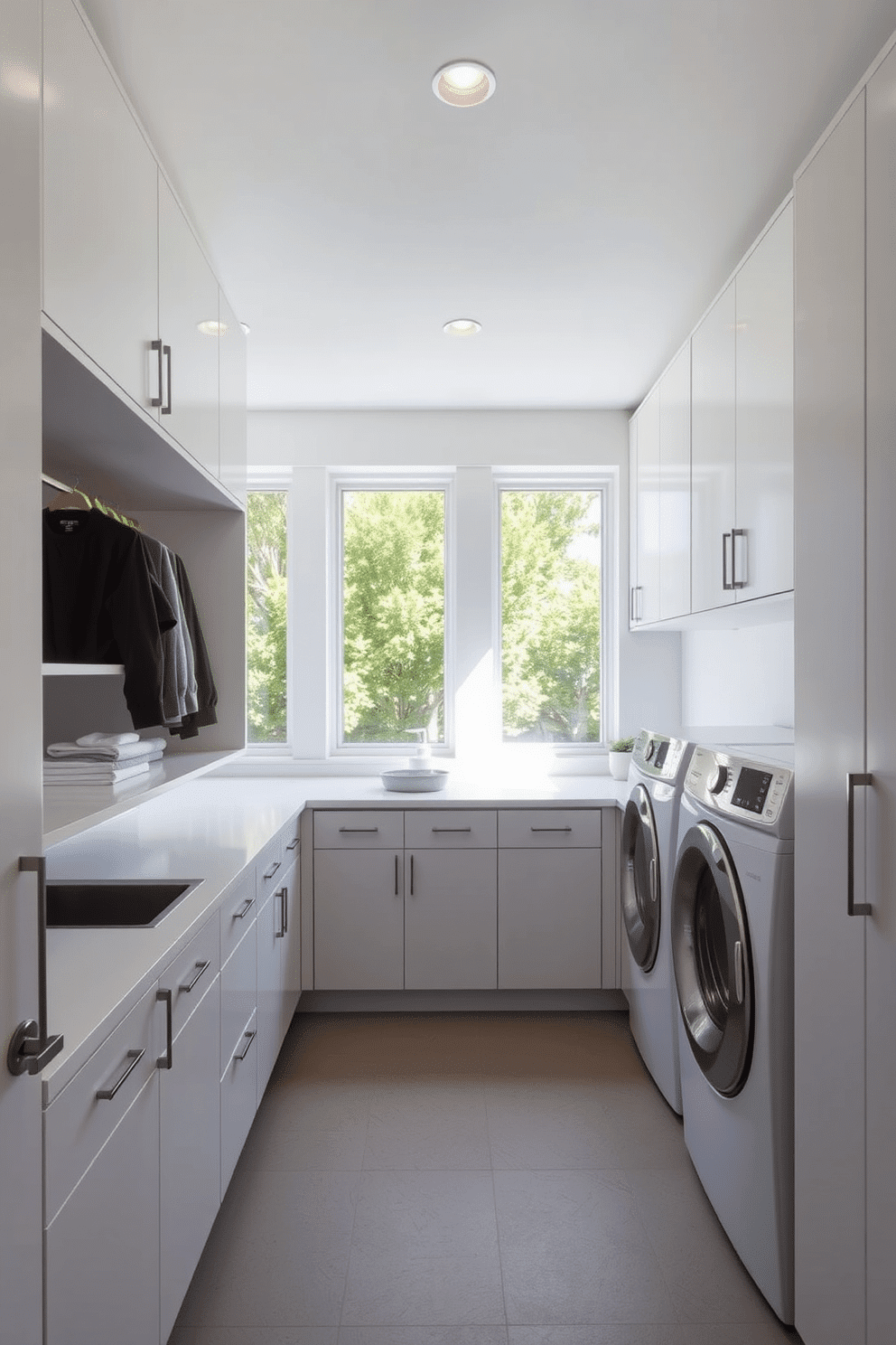 A minimalist outdoor laundry room features sleek cabinetry with integrated storage solutions, maximizing space while maintaining a clean aesthetic. The design incorporates a streamlined countertop for folding clothes, complemented by a simple, modern washing machine and dryer set. Natural light floods the room through large windows, enhancing the airy feel of the space. The walls are painted in a soft white, and the flooring is a durable, easy-to-clean material that blends seamlessly with the surrounding outdoor environment.