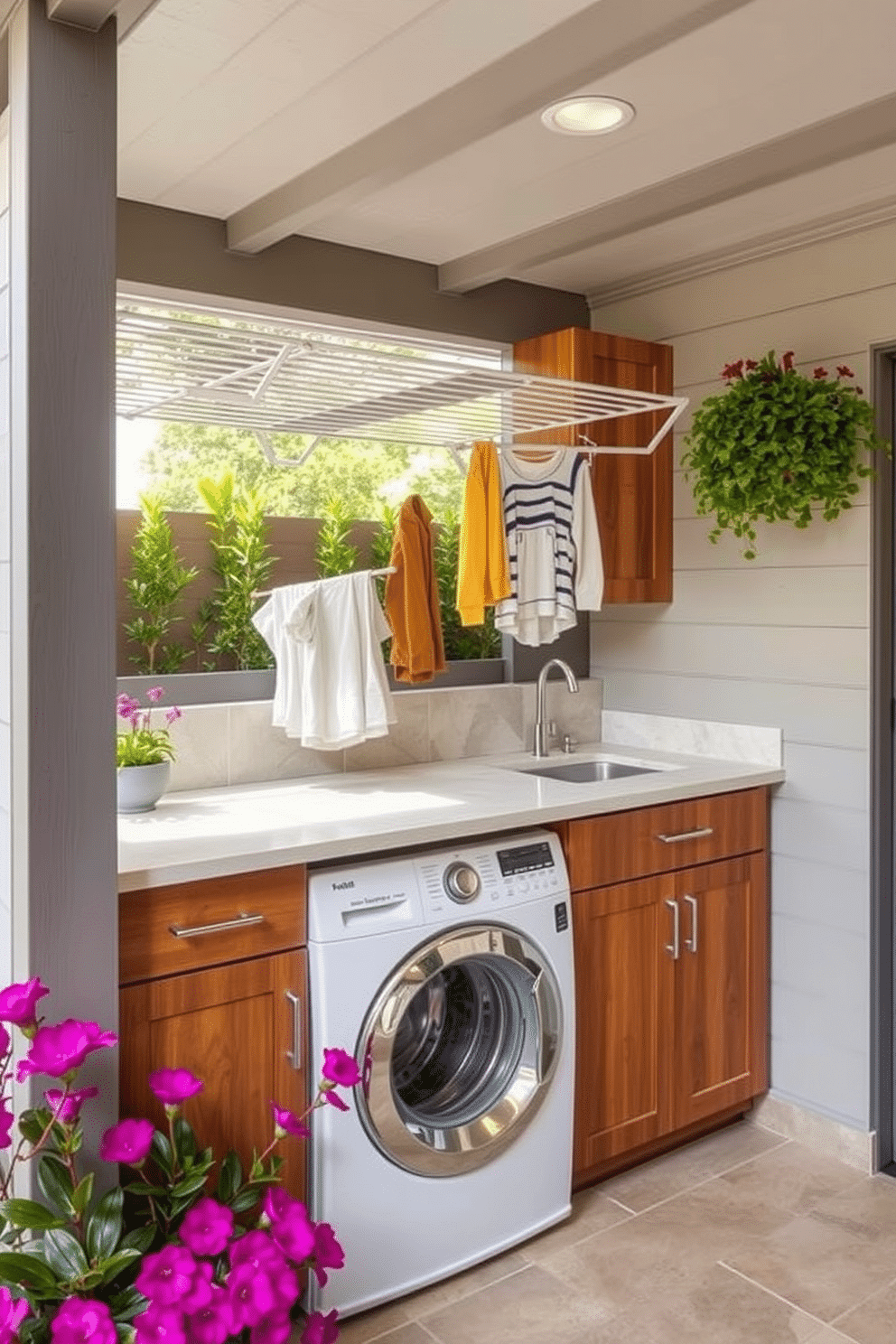 A stylish outdoor laundry room features an integrated drying rack seamlessly built into the design, providing convenience and functionality. The space is adorned with weather-resistant cabinetry and a practical countertop for folding clothes, complemented by vibrant plants that enhance the outdoor ambiance.