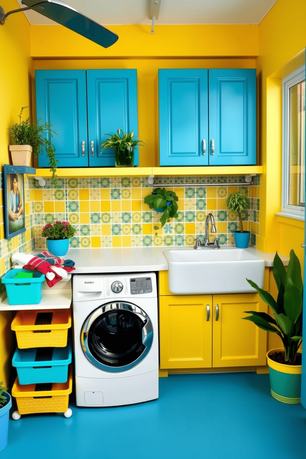 A vibrant outdoor laundry room with a bright color palette featuring cheerful yellows, lively greens, and bold blues. The space includes a spacious countertop for folding clothes, surrounded by colorful storage bins and potted plants for a refreshing touch. The walls are adorned with playful patterned tiles, while the flooring is a durable, weather-resistant material in a complementary hue. A stylish, functional sink is positioned next to the washer and dryer, creating an inviting atmosphere perfect for outdoor chores.