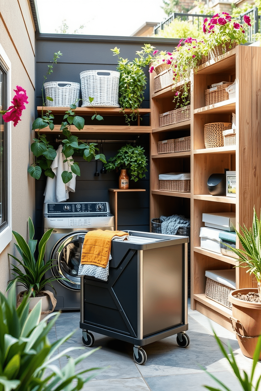 A stylish outdoor laundry room features a portable cart designed for easy transport of laundry. The cart is made of weather-resistant materials and includes wheels for effortless mobility, with a sleek, modern aesthetic that complements the outdoor setting. Surrounding the cart, the laundry room is equipped with open shelving for storage, showcasing neatly organized baskets and supplies. The space is adorned with vibrant plants and natural wood accents, creating a welcoming and functional environment for laundry tasks.