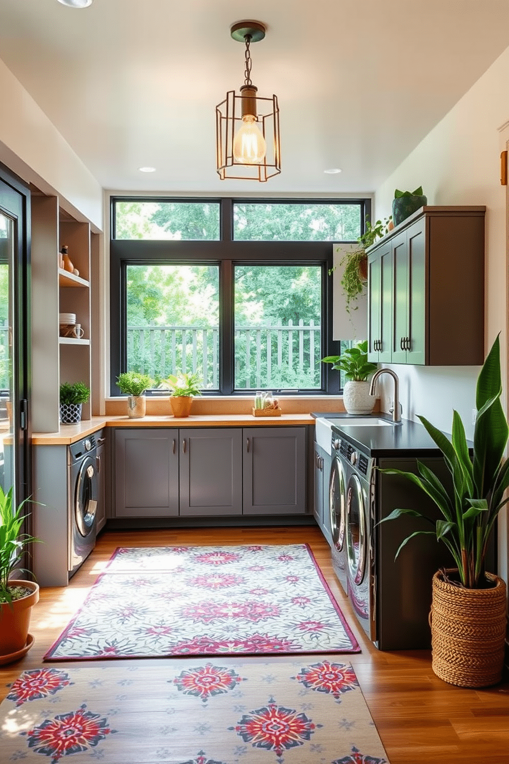 A stylish outdoor laundry room features a spacious layout with a combination of open shelving and closed cabinets for storage. The floor is covered with a vibrant, patterned rug that adds warmth and character, while a large sink sits adjacent to a countertop for folding clothes. Natural light floods the space through large windows, highlighting the fresh greenery outside. Decorative elements, such as potted plants and a chic light fixture, enhance the inviting atmosphere of this functional area.