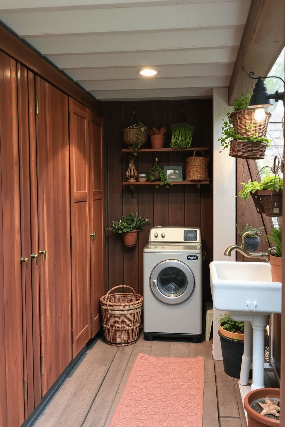 A cozy outdoor laundry room featuring vintage decor elements that evoke a sense of nostalgia. Weathered wooden cabinets with antique brass handles line the walls, complemented by a farmhouse-style sink with a vintage faucet. The space is adorned with charming details like a retro washing machine and a collection of old-fashioned laundry baskets. Potted plants and hanging herbs add a touch of greenery, while soft, warm lighting creates an inviting atmosphere.