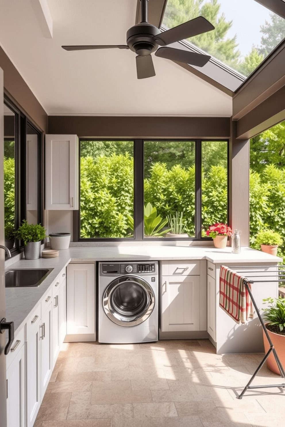 A functional outdoor laundry room featuring a streamlined layout with ample counter space for folding clothes. The design includes built-in cabinets for storage, a utility sink, and a washer and dryer set against a backdrop of vibrant greenery. The flooring is a durable, weather-resistant material, and large windows allow natural light to flood the space. Decorative elements like potted plants and a stylish drying rack enhance the aesthetic while maintaining practicality.