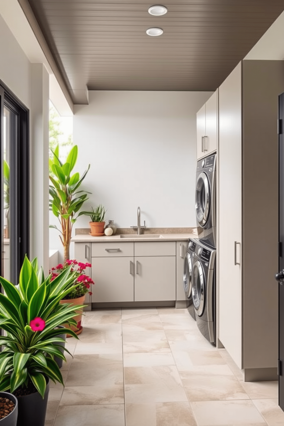 A modern outdoor laundry room featuring a built-in laundry chute for easy access from the main living areas. The space includes a spacious countertop for folding clothes, along with ample storage cabinets in a sleek, weather-resistant finish. The room is adorned with vibrant potted plants and has large windows that allow natural light to flood in. The flooring is made of durable tiles that blend seamlessly with the surrounding outdoor environment, creating a functional yet aesthetically pleasing area.