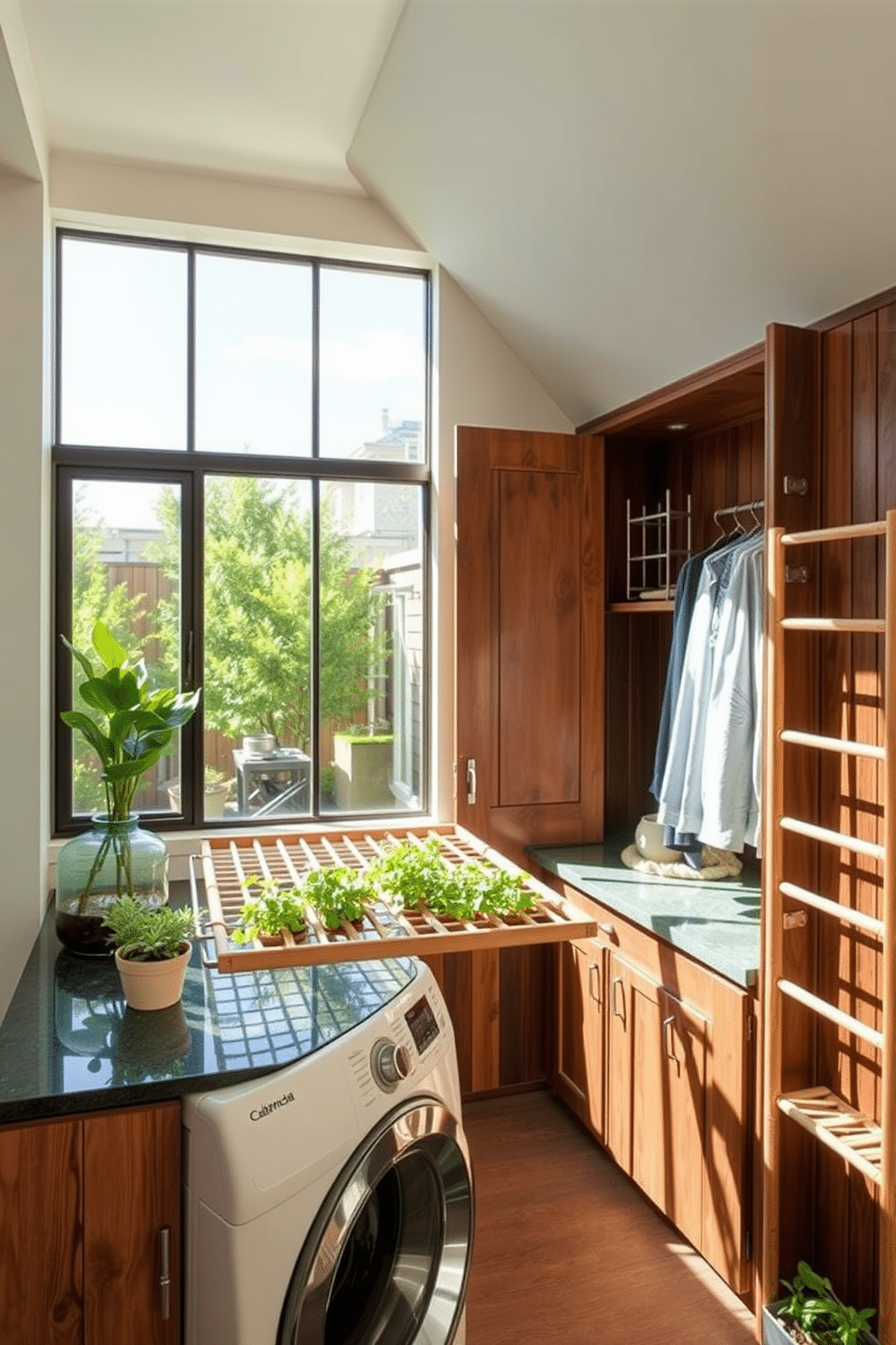 A serene outdoor laundry room featuring sustainable materials. The space includes reclaimed wood cabinetry and a countertop made from recycled glass, harmonizing with the surrounding greenery. Natural light floods the area through large windows, creating an inviting atmosphere. A stylish, durable bamboo drying rack complements the eco-friendly design, while potted herbs add a touch of nature.