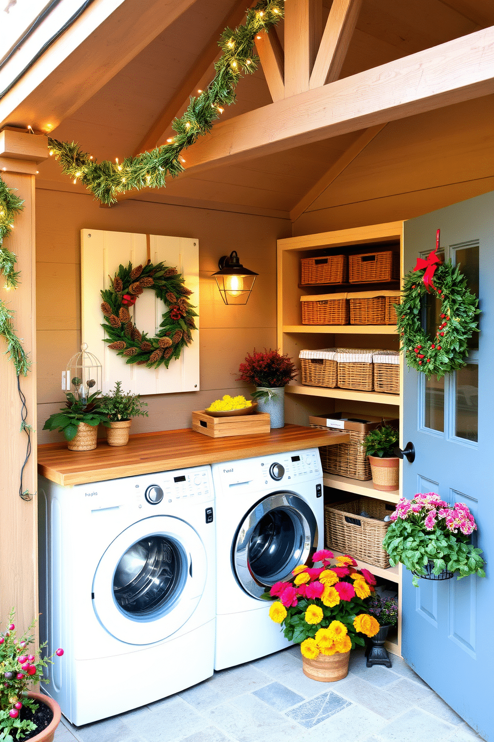 A cozy outdoor laundry room adorned with seasonal decorations for festive touches. Twinkling fairy lights are strung along the eaves, and a wreath made of pinecones and red berries hangs on the door. The laundry area features a rustic wooden countertop and open shelving filled with neatly organized baskets. Potted plants and seasonal flowers add a vibrant splash of color, enhancing the inviting atmosphere.