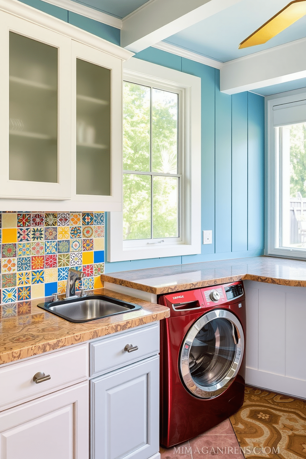 A colorful tiled backsplash features an array of vibrant patterns, creating a lively focal point in the kitchen. The tiles incorporate shades of blue, yellow, and red, harmonizing with the surrounding cabinetry and countertops. The outdoor laundry room is designed with functionality and style in mind, featuring ample storage and workspace. Large windows allow natural light to flood the space, while a durable, weather-resistant countertop complements the bright, cheerful color palette.