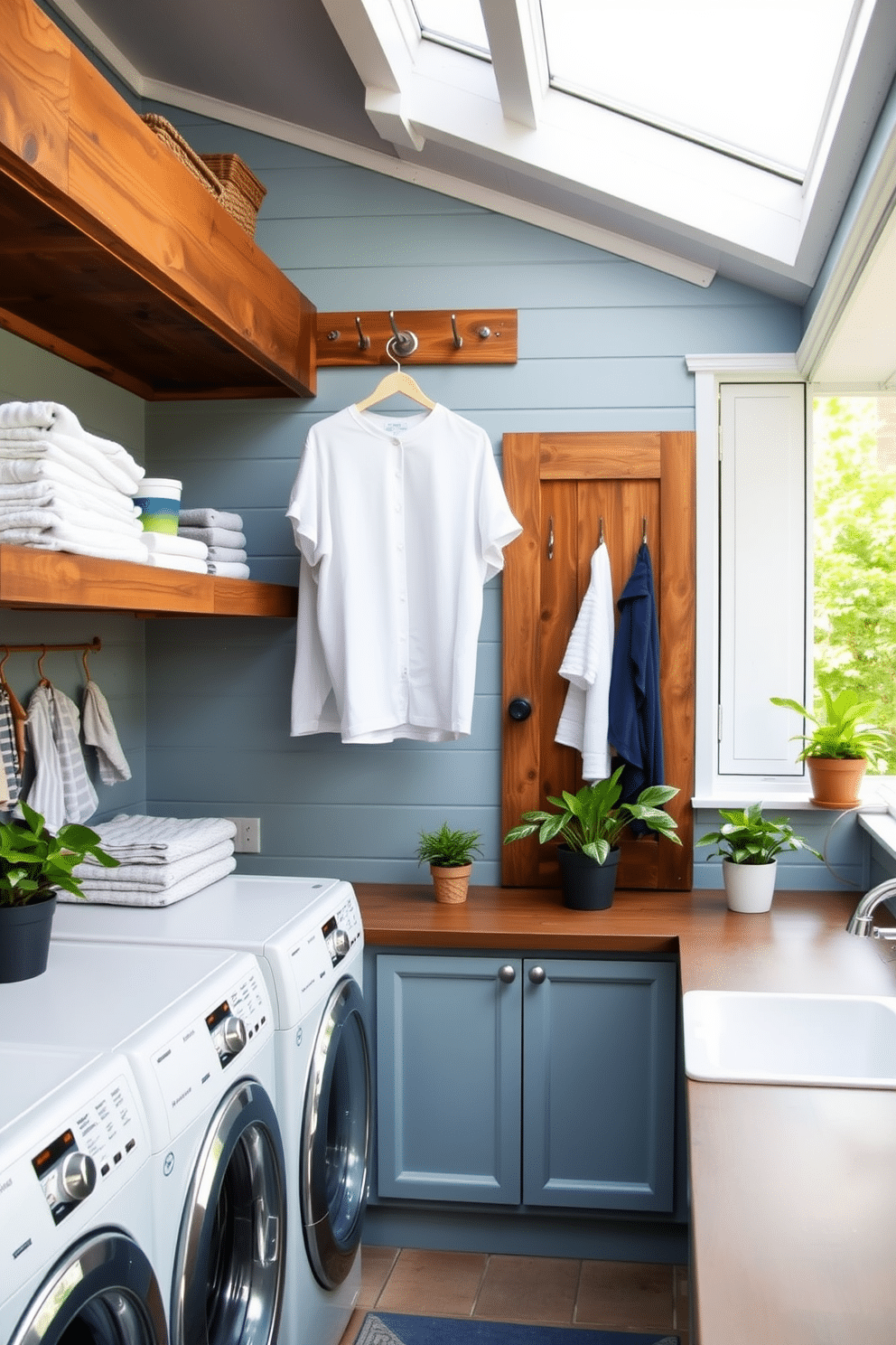 A spacious outdoor laundry room features functional hooks for hanging clothes, strategically placed near a large window that allows natural light to flood the space. The walls are painted in a soft blue hue, complementing the rustic wooden shelves that hold neatly folded towels and laundry supplies. A durable countertop made of weather-resistant material extends across one side, providing ample space for sorting and folding laundry. Potted plants add a touch of greenery, while a stylish yet practical sink is positioned for easy access to washing delicate items.