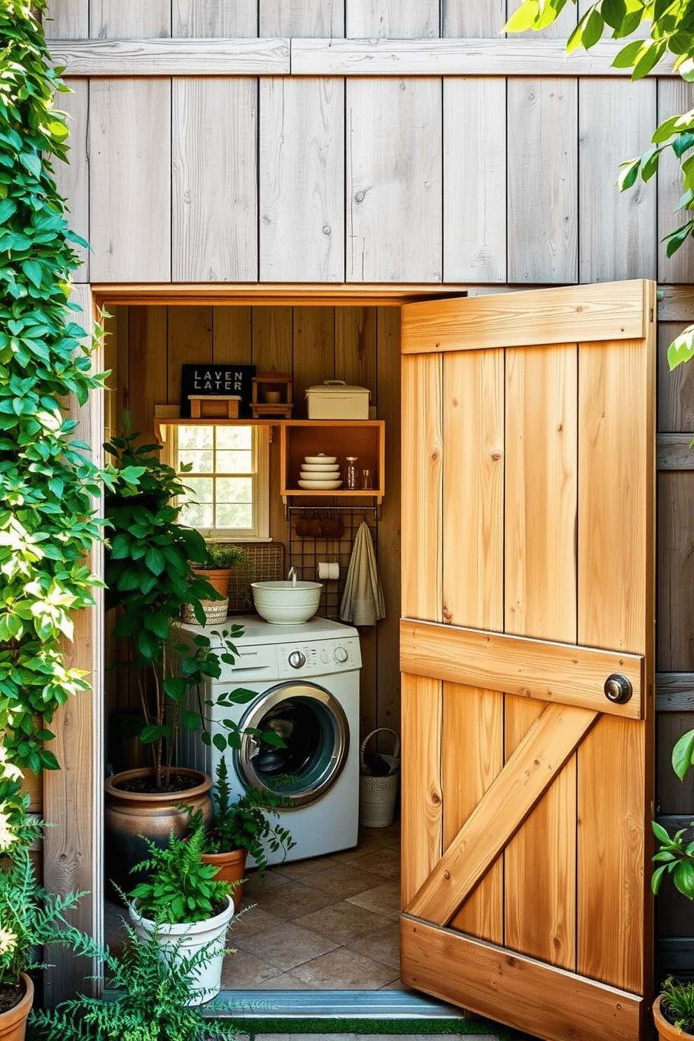 A rustic barn door serves as the entryway to a charming outdoor laundry room, featuring weathered wood with a natural finish. The space is designed with a functional layout, incorporating open shelving for storage and a vintage wash basin for added character. Surrounding the laundry area, lush greenery and potted plants create a serene atmosphere, blending seamlessly with the rustic aesthetic. Sunlight filters through a nearby window, illuminating the space and enhancing the warm tones of the wood and decor.