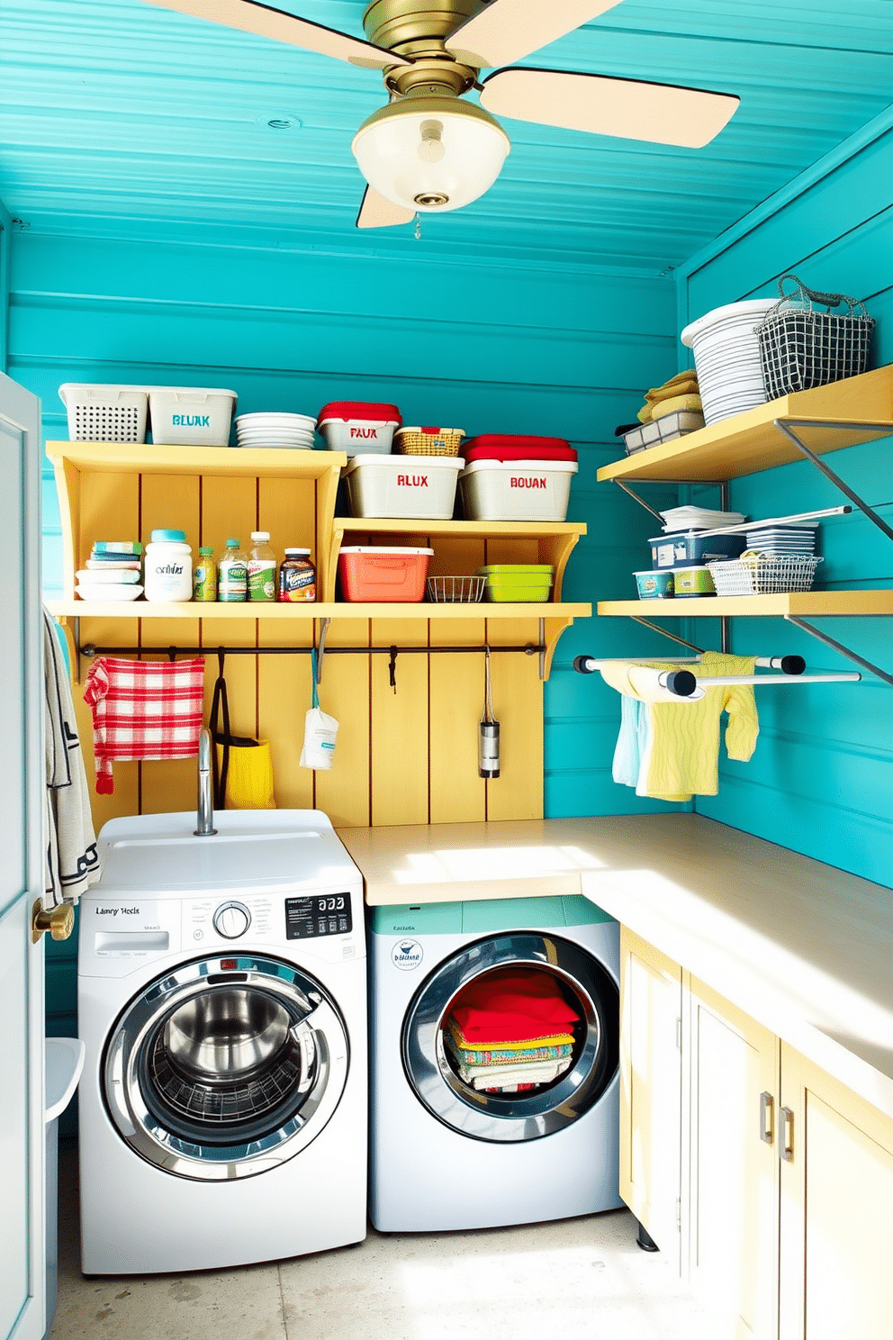 A functional outdoor laundry room features open shelving made from weather-resistant materials for easy access to supplies. The space is adorned with bright, cheerful colors and includes a large utility sink, a drying rack, and ample counter space for folding clothes.