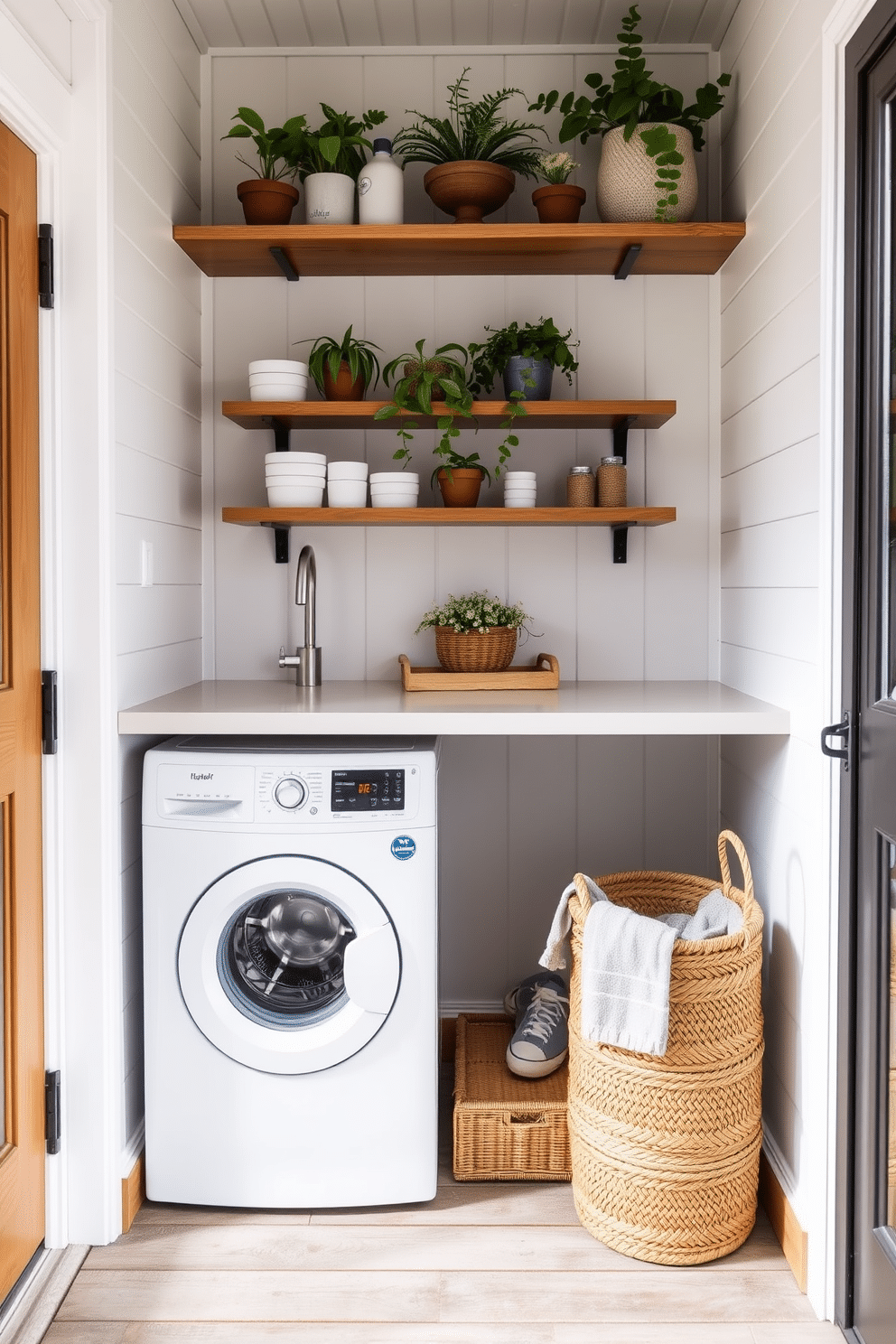 A compact washer and dryer are seamlessly integrated under a sleek countertop in an outdoor laundry room. The space features bright, airy walls painted in a soft white, complemented by natural wood accents and a durable, weather-resistant floor. Above the countertop, open shelving displays neatly organized laundry supplies and potted plants, adding a touch of greenery. A stylish, woven basket sits beside the washer and dryer, providing a practical yet decorative storage solution.