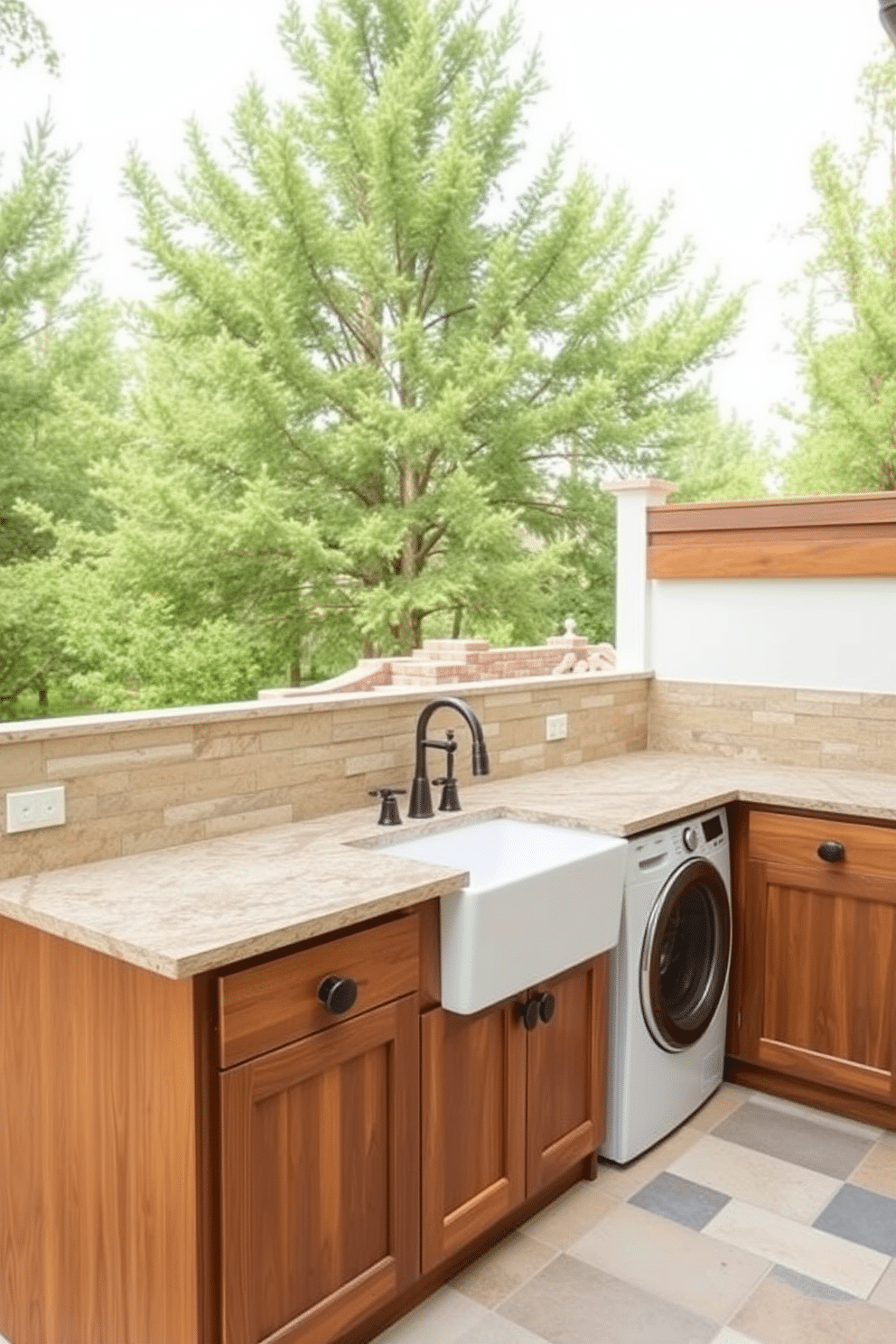 A functional outdoor laundry room features natural stone countertops for durability and easy maintenance. The space is equipped with a farmhouse sink, ample cabinetry for storage, and a stylish backsplash that complements the natural surroundings.