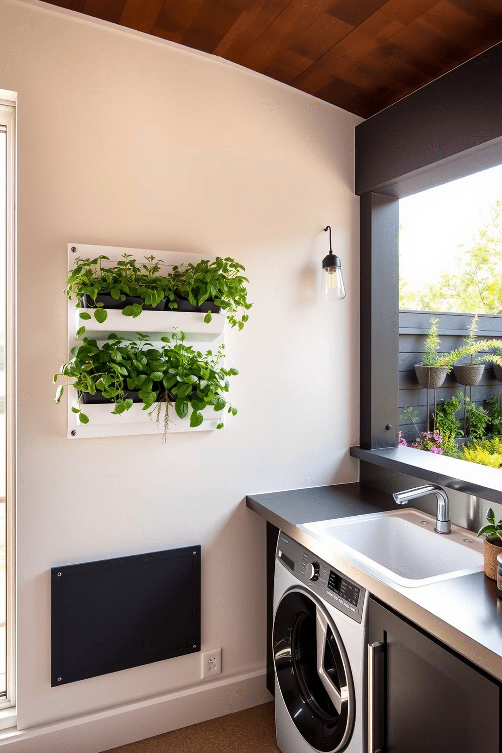 A vertical garden is designed to showcase fresh herbs, featuring a wall-mounted planter filled with basil, rosemary, and thyme. The garden is positioned near a sunlit window, allowing for optimal growth while adding a touch of greenery to the space. The outdoor laundry room is a stylish yet functional area, with a sleek, weather-resistant countertop for folding clothes. It includes built-in cabinetry for storage, a utility sink for convenience, and is surrounded by vibrant plants that enhance the outdoor ambiance.