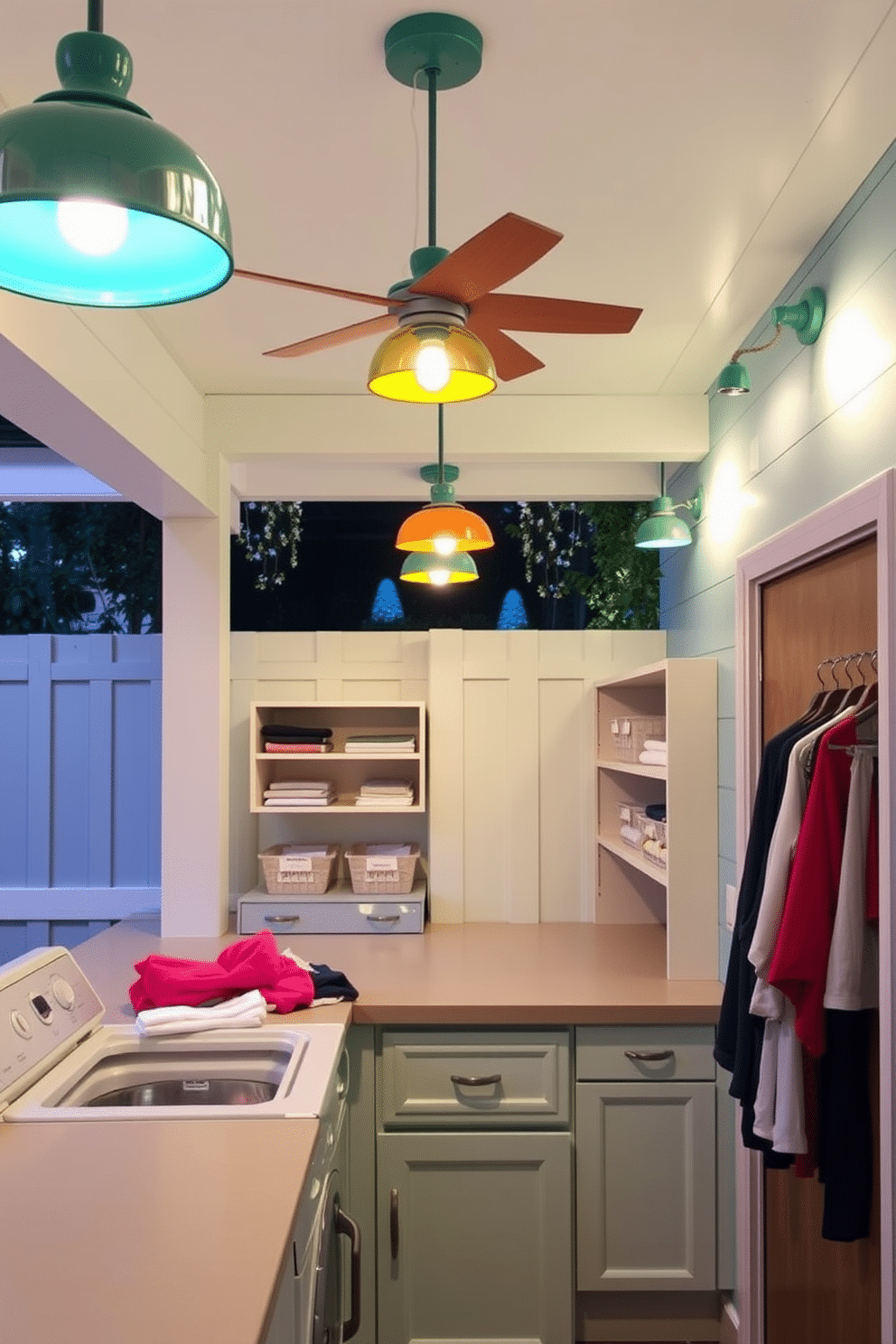 Bright lighting fixtures illuminate the outdoor laundry room, enhancing the cheerful ambiance. The space features a combination of pendant lights and wall sconces, all in a modern design with vibrant colors. The laundry area includes a spacious countertop for folding clothes, made from durable, weather-resistant materials. Surrounding the countertop are organized storage solutions, such as open shelves and cabinets, painted in a refreshing pastel hue.