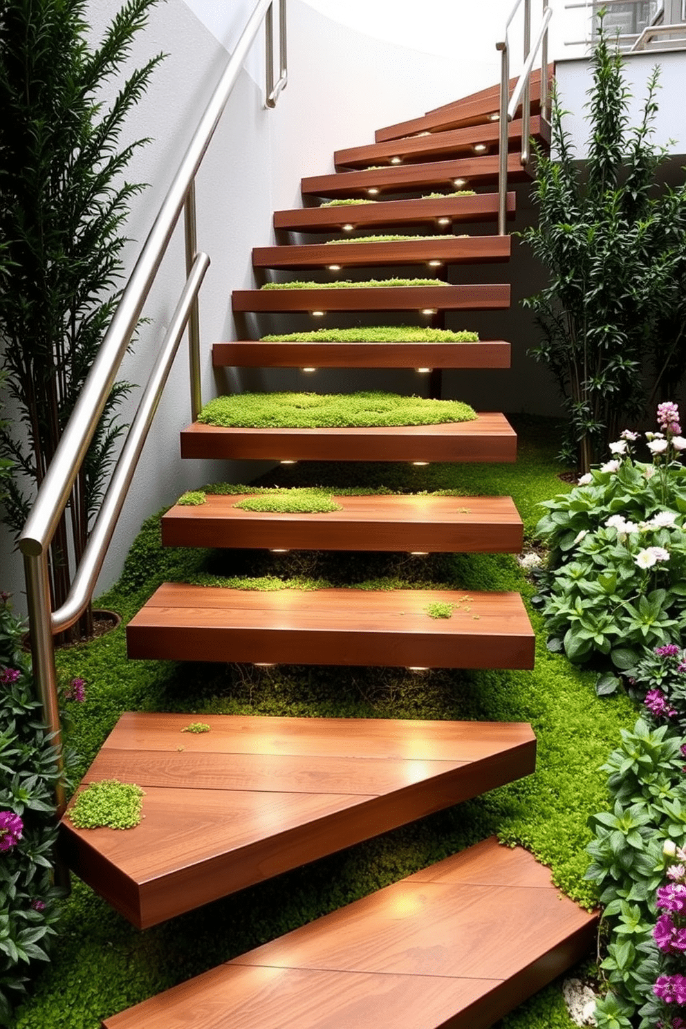 Floating wooden steps lead gracefully through a modern garden, seamlessly blending with the surrounding greenery. Each step is crafted from rich, dark wood, suspended above a bed of vibrant moss and accented by soft, ambient lighting that highlights their elegant design. The staircase features sleek, minimalist railings made of brushed stainless steel, providing a contemporary touch while ensuring safety. Lush plants and flowers in varying heights flank the staircase, creating a natural pathway that invites exploration and enhances the outdoor experience.