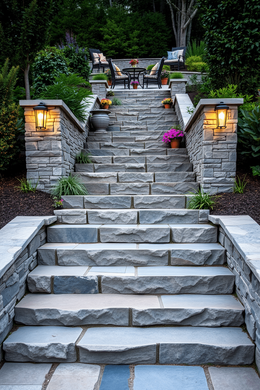 Textured stone steps lead up to a beautifully landscaped garden, integrating natural elements with modern design. Each step features varying shades of gray and earthy tones, creating a striking visual contrast against the lush greenery surrounding it. The staircase is flanked by elegant outdoor lighting fixtures that illuminate the path at night. At the top of the steps, a cozy seating area awaits, complete with weather-resistant furniture and vibrant potted plants for added color.