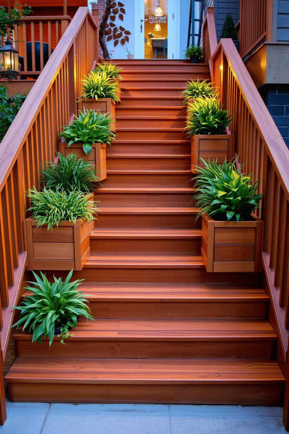 Wide wooden stairs with built-in planters create a seamless transition from the outdoor space to the interior. The planters are filled with lush greenery, adding a vibrant touch that enhances the natural beauty of the staircase. The wooden steps are crafted from rich, durable materials, showcasing a warm finish that complements the surrounding landscape. Soft outdoor lighting illuminates the stairs, creating an inviting atmosphere for evening gatherings.