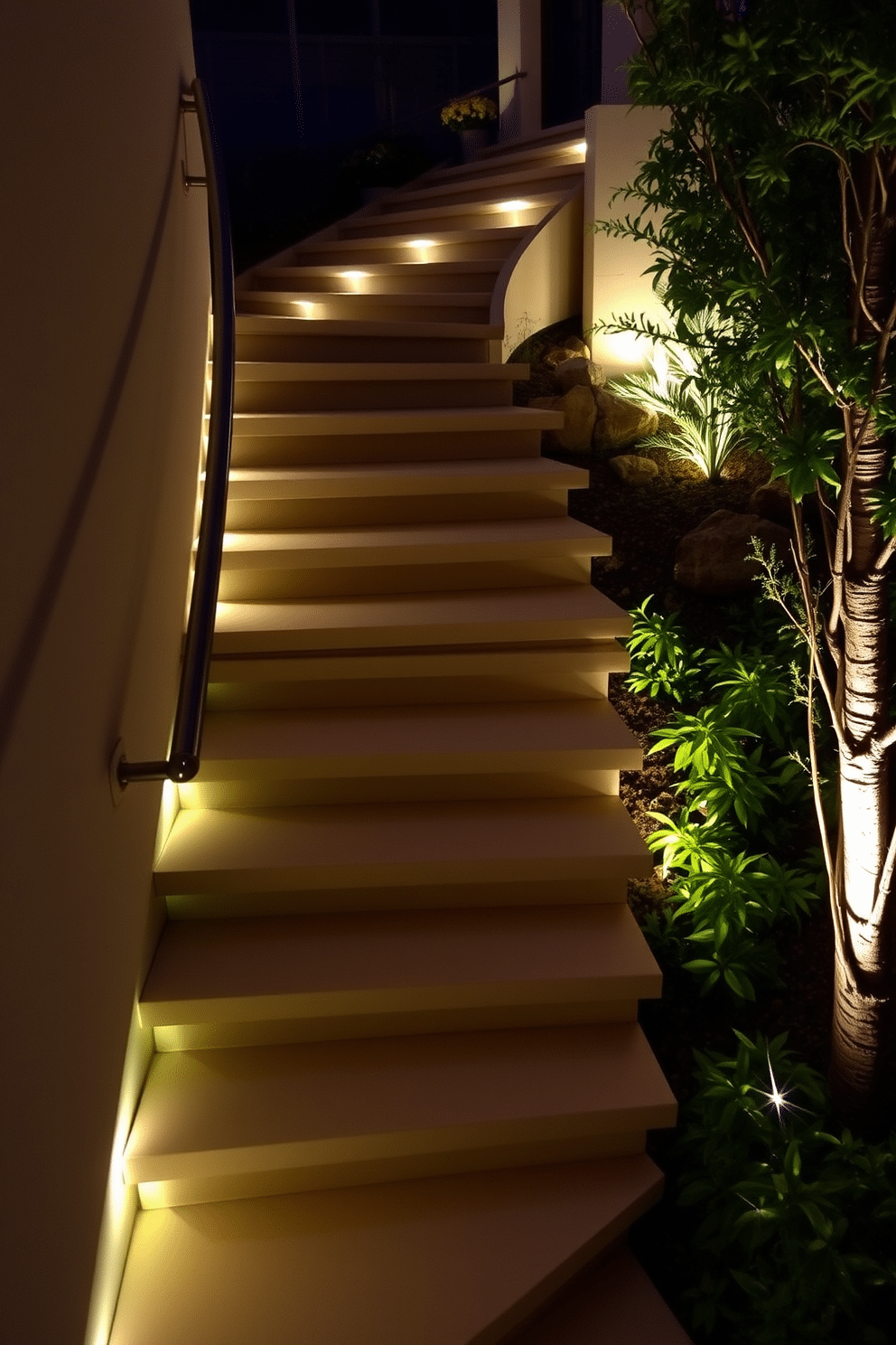 A stunning outdoor staircase features integrated LED lighting along the edges, casting a warm glow that enhances the surrounding landscape. The steps are made of natural stone, with a handrail crafted from sleek metal that complements the modern aesthetic. The staircase winds gracefully through a lush garden, with strategically placed lights illuminating the path and highlighting the vibrant plants. At night, the combination of soft lighting and the natural textures creates an inviting atmosphere that beckons guests to explore further.