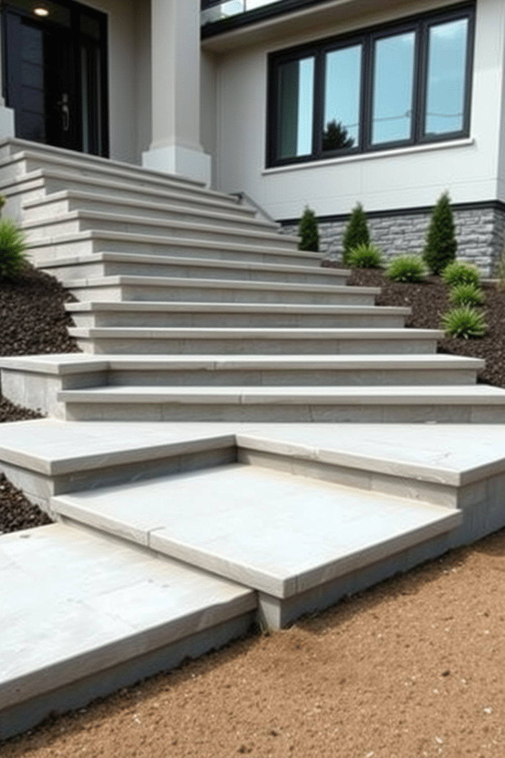 Geometric stone steps lead elegantly up to a contemporary home, featuring clean lines and sharp angles that create a striking visual impact. The steps are flanked by minimalist landscaping, with carefully placed greenery that complements the modern aesthetic.