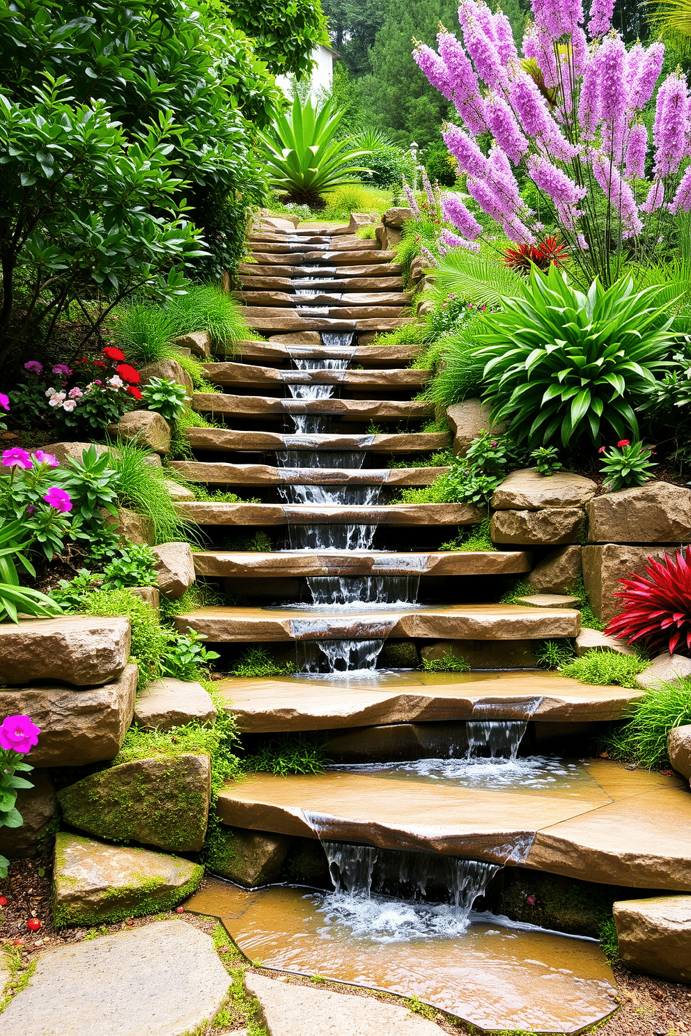 Cascading steps lead down through a lush garden, with a gentle water feature flowing alongside the path. The steps are crafted from natural stone, surrounded by vibrant greenery and colorful flowers, creating a serene and inviting atmosphere.