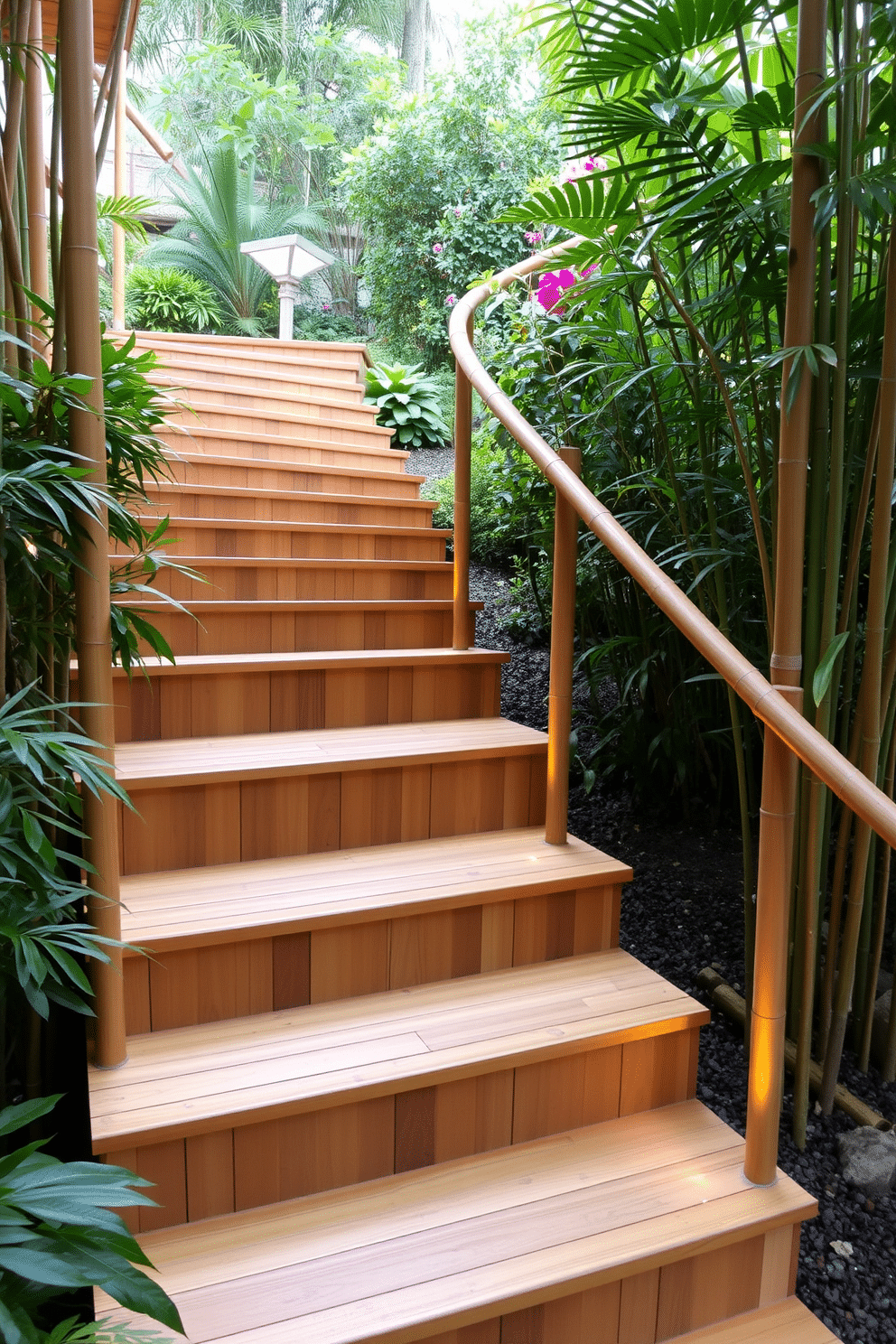 A serene outdoor staircase made of bamboo, seamlessly blending with the natural surroundings. The steps are wide and gently curved, leading up to a lush garden filled with native plants and flowers. The bamboo is treated for durability, showcasing its rich, warm tones against the greenery. Soft ambient lighting is integrated along the staircase, illuminating the path while enhancing the eco-friendly aesthetic.