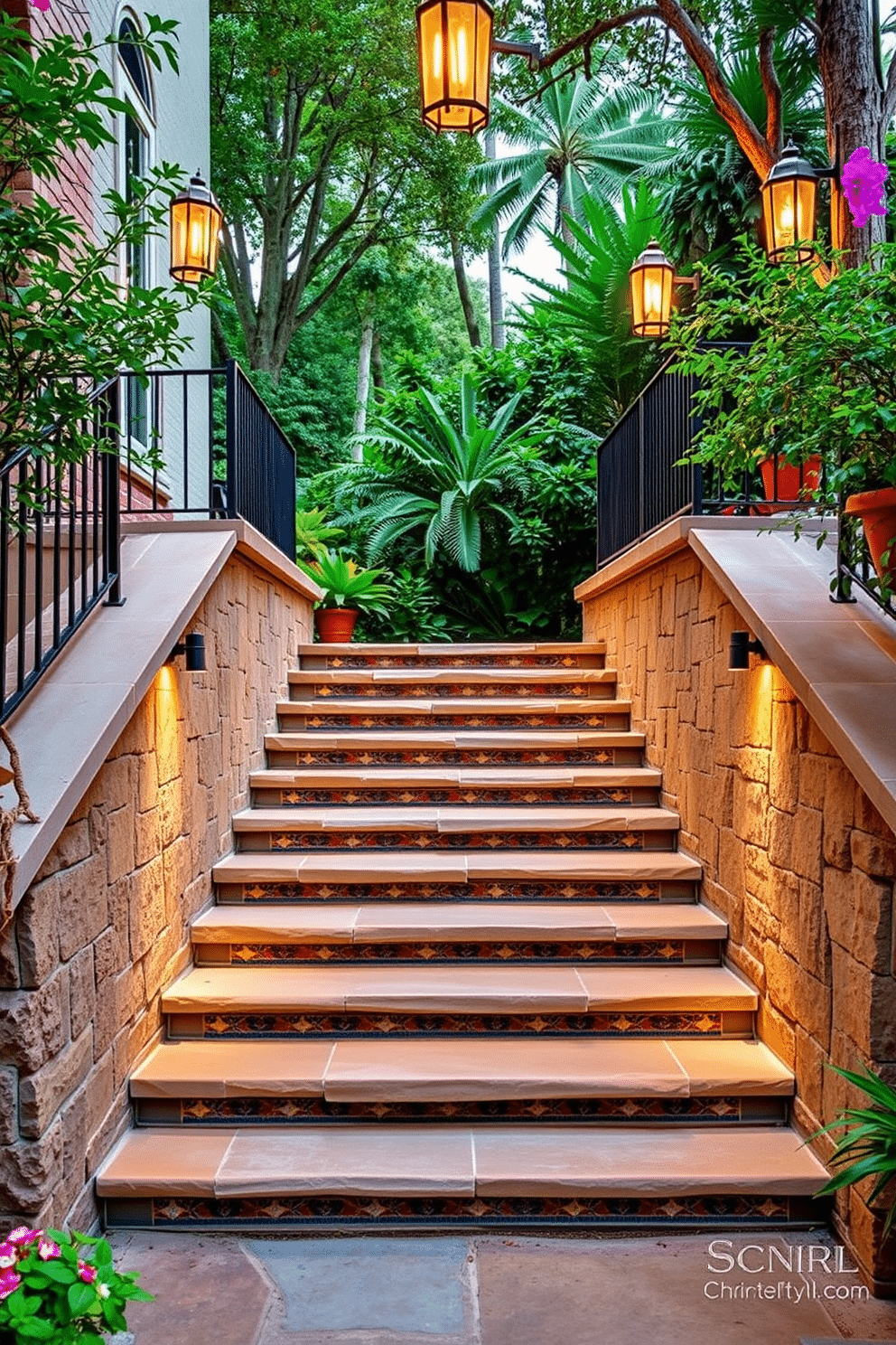 A stunning outdoor staircase features decorative tile accents that create a vibrant visual appeal. The steps are framed by lush greenery, and elegant lighting fixtures illuminate the path, enhancing the inviting atmosphere. The staircase is constructed with natural stone, complemented by intricate mosaic tiles in warm colors. Railings made of wrought iron add a touch of sophistication, while potted plants line the sides, creating a seamless blend with the surrounding landscape.