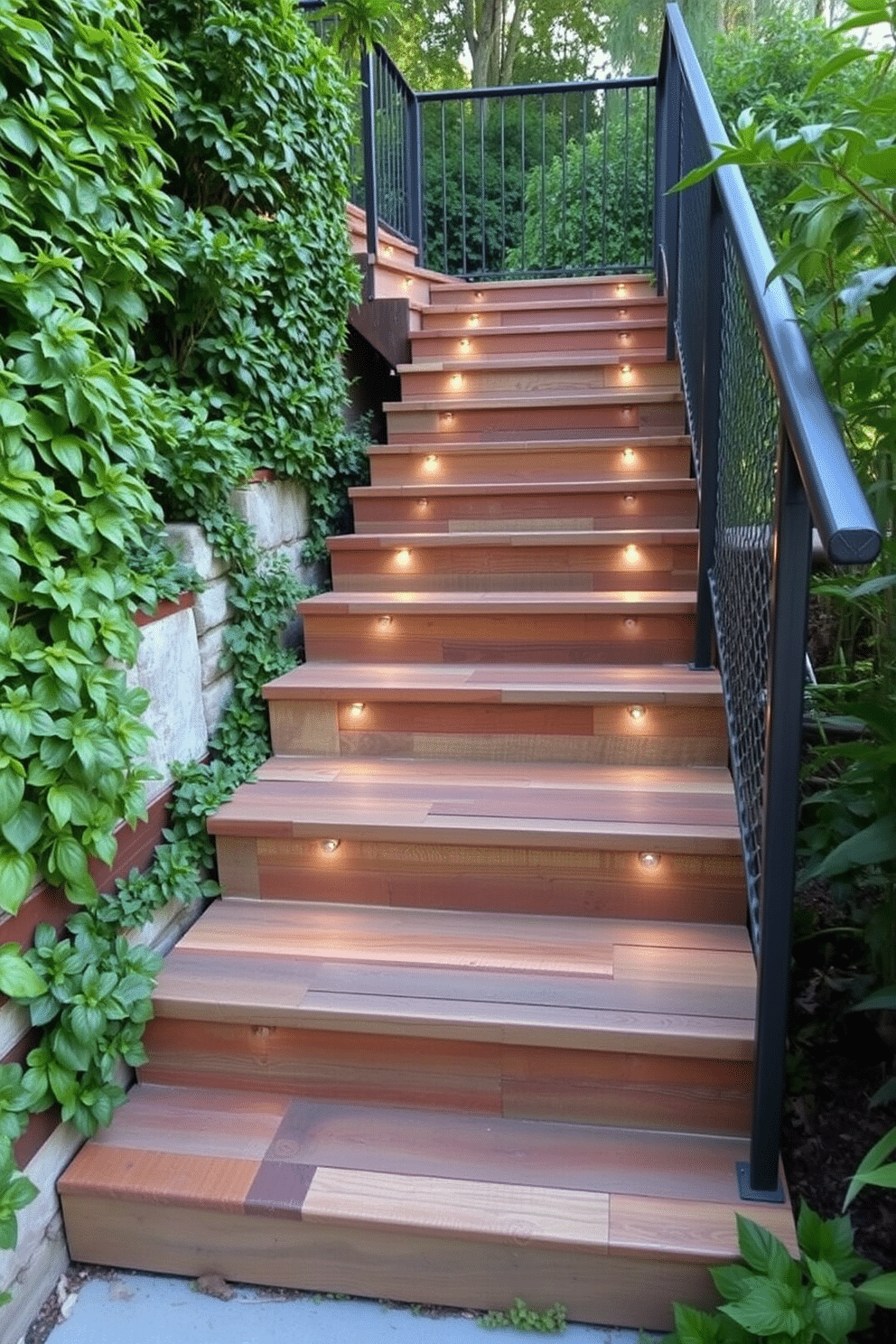 A stunning outdoor staircase made from recycled materials, featuring reclaimed wood steps and a sturdy metal railing. Lush greenery surrounds the staircase, enhancing its natural aesthetic and promoting sustainability in design. The staircase incorporates innovative design elements, such as integrated LED lighting along the steps for safety and ambiance. Each step showcases unique textures and colors from the recycled materials, creating a visually striking focal point in the outdoor space.