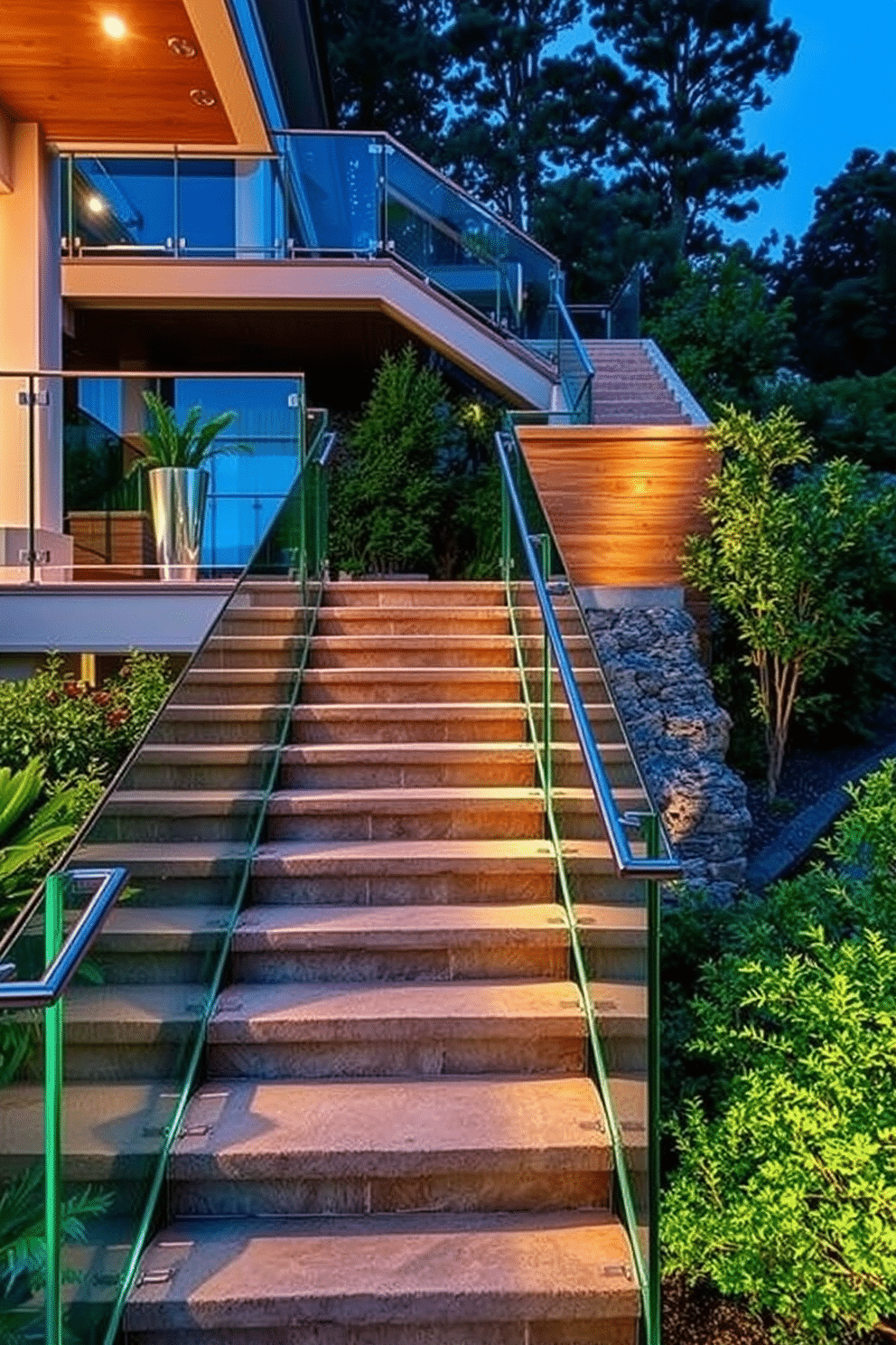 A stunning outdoor staircase features sleek glass railings that enhance the sense of openness and connection to the surrounding landscape. The steps are crafted from natural stone, blending seamlessly with lush greenery, while strategically placed lighting illuminates the path for evening elegance. The elegant glass railings allow for uninterrupted views, making the staircase a focal point of modern architectural design. Each step is designed with a slight overhang, creating a shadow effect that adds depth and sophistication to the overall aesthetic.