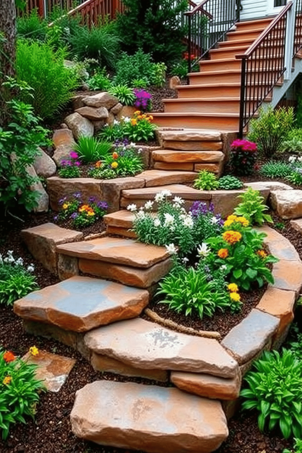 Stepped garden beds with stair access feature a series of tiered planting areas, each filled with vibrant flowers and lush greenery. Natural stone steps provide easy access between the levels, framed by decorative edging and soft lighting for an inviting atmosphere. Outdoor staircase design ideas include a combination of materials such as wood, metal, and stone to create a striking visual appeal. Surrounding the staircase, carefully selected plants and landscaping elements enhance the overall aesthetic, blending functionality with beauty.