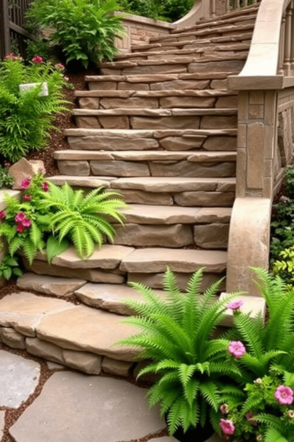 A stunning outdoor staircase crafted from natural stone, seamlessly integrated into a lush garden setting. The steps are flanked by vibrant greenery, including ferns and flowering plants, creating a serene and inviting atmosphere.