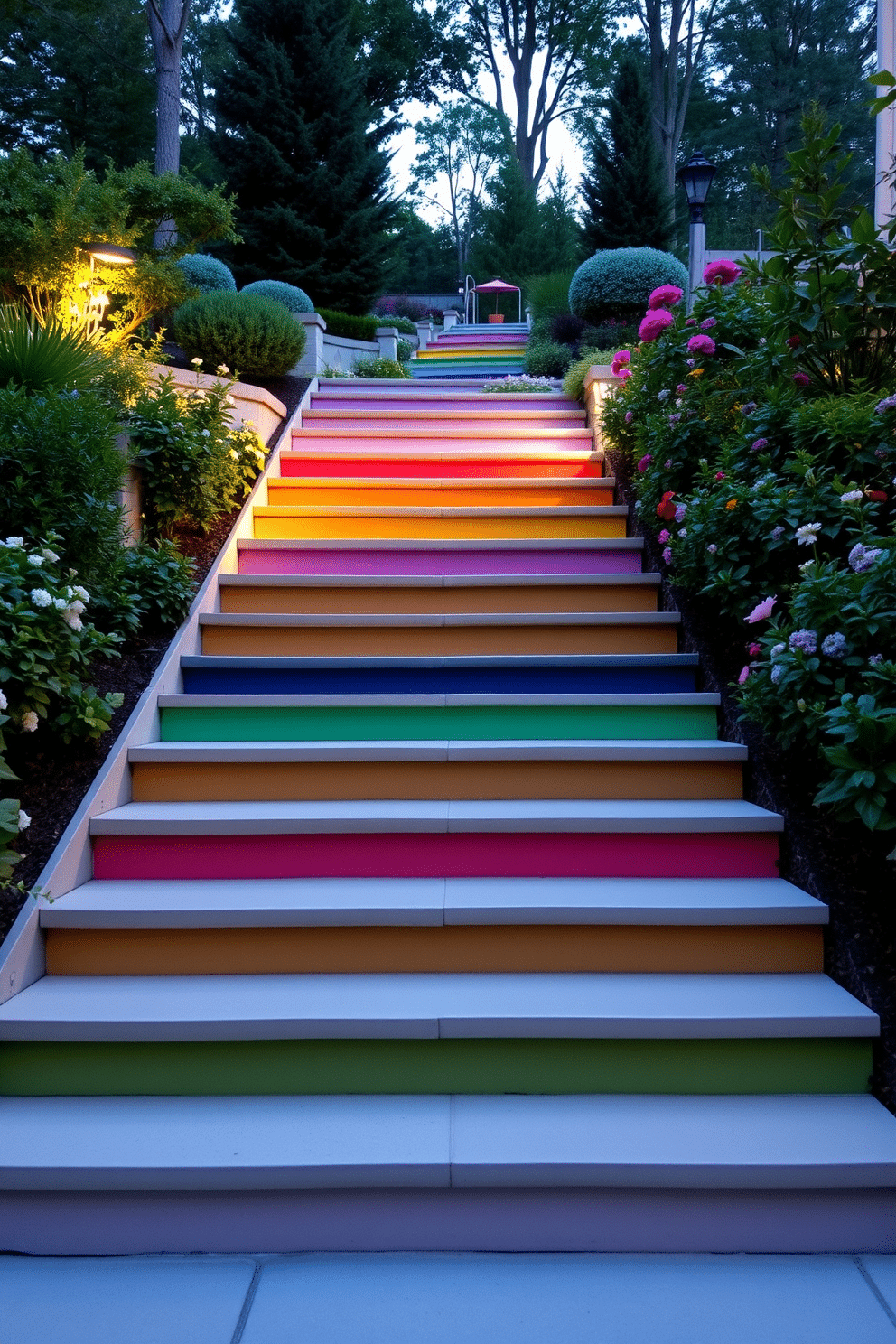 A stunning outdoor staircase features a series of colorful risers that create a vibrant contrast against the natural surroundings. The steps are made of smooth stone, leading up to a beautifully landscaped garden filled with lush greenery and blooming flowers. Each riser is painted in a different bold hue, adding a playful touch to the overall design. Soft ambient lighting illuminates the staircase in the evening, highlighting the colors and enhancing the inviting atmosphere.