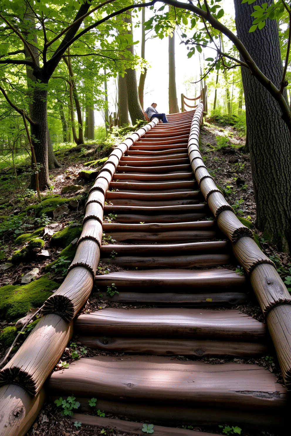 A charming outdoor staircase made of rustic log steps winds gracefully through a lush wooded area. The steps, crafted from sturdy timber, blend seamlessly with the surrounding nature, featuring moss and small wildflowers that peek through the gaps. The staircase is framed by tall trees and overhanging branches, providing a natural canopy overhead. Soft sunlight filters through the leaves, casting dappled shadows on the steps, enhancing the serene and inviting atmosphere of the outdoor space.