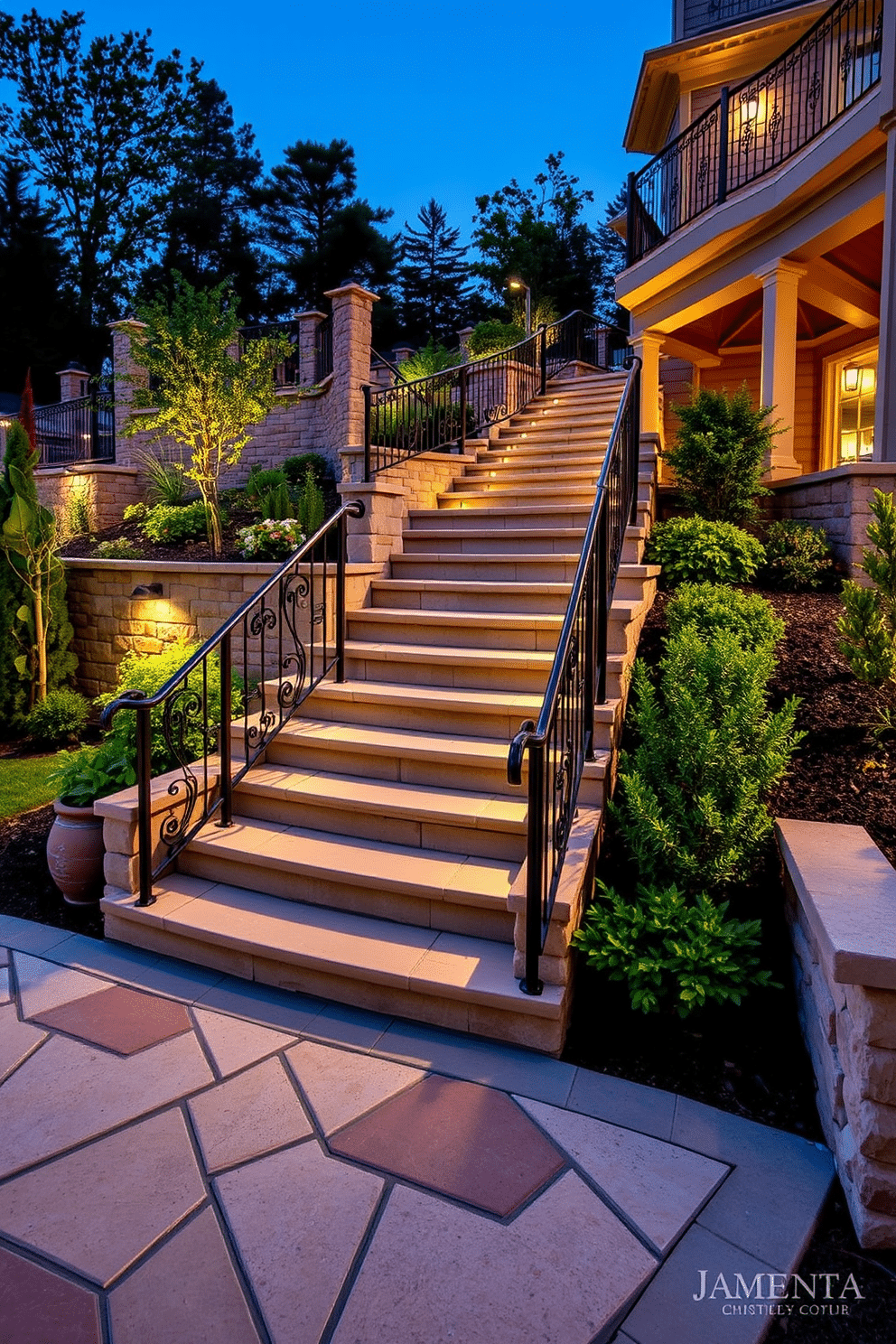 A stunning multi-level patio features a series of elegantly designed stairs that create visual interest and dimension. Each level is adorned with lush greenery and stylish outdoor lighting, enhancing the overall ambiance. The staircase is constructed from natural stone, seamlessly blending with the surrounding landscape. Decorative railings made of wrought iron add a touch of sophistication while ensuring safety and functionality.