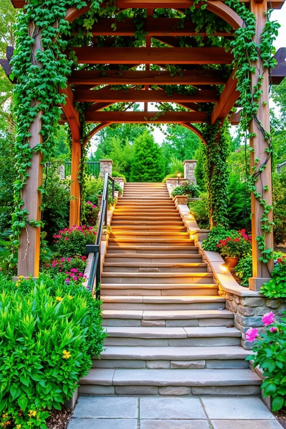 A stunning outdoor staircase leads up to a beautifully landscaped garden, flanked by lush greenery and vibrant flowers. Above the staircase, a wooden pergola provides shade, adorned with climbing vines that create a natural canopy. The steps are crafted from natural stone, blending seamlessly with the surrounding environment. Soft outdoor lighting illuminates the staircase in the evening, enhancing the inviting atmosphere of this outdoor retreat.