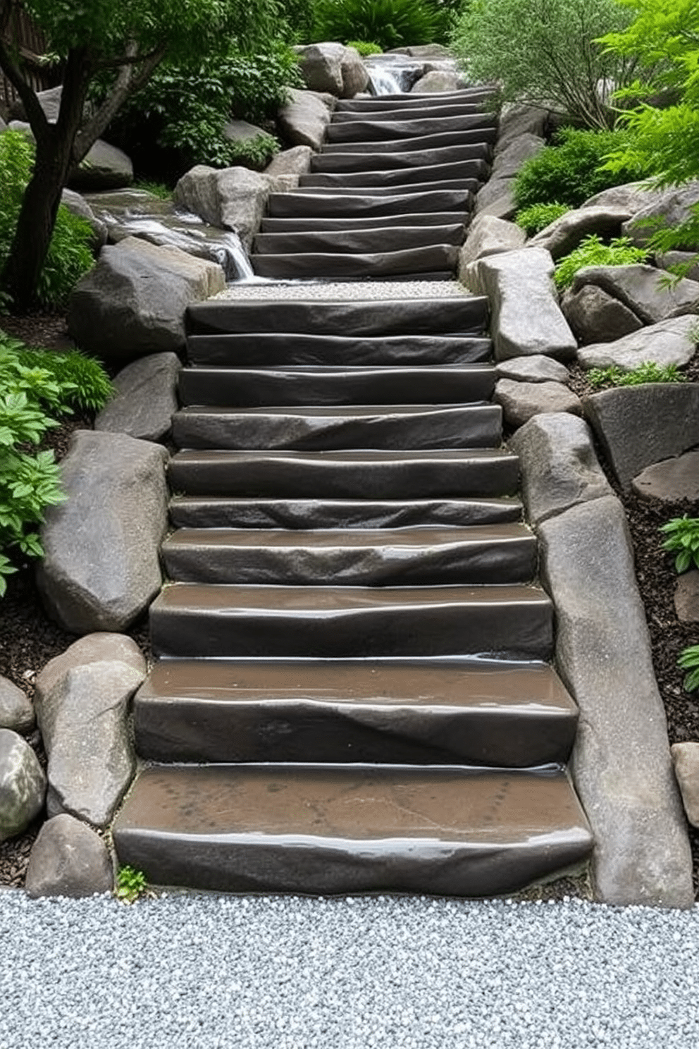 Zen-inspired stone steps lead gracefully through a serene garden, surrounded by lush greenery and soft, flowing water features. The steps are framed by smooth river stones and bordered with fine gravel, creating a tranquil pathway that invites relaxation and contemplation.