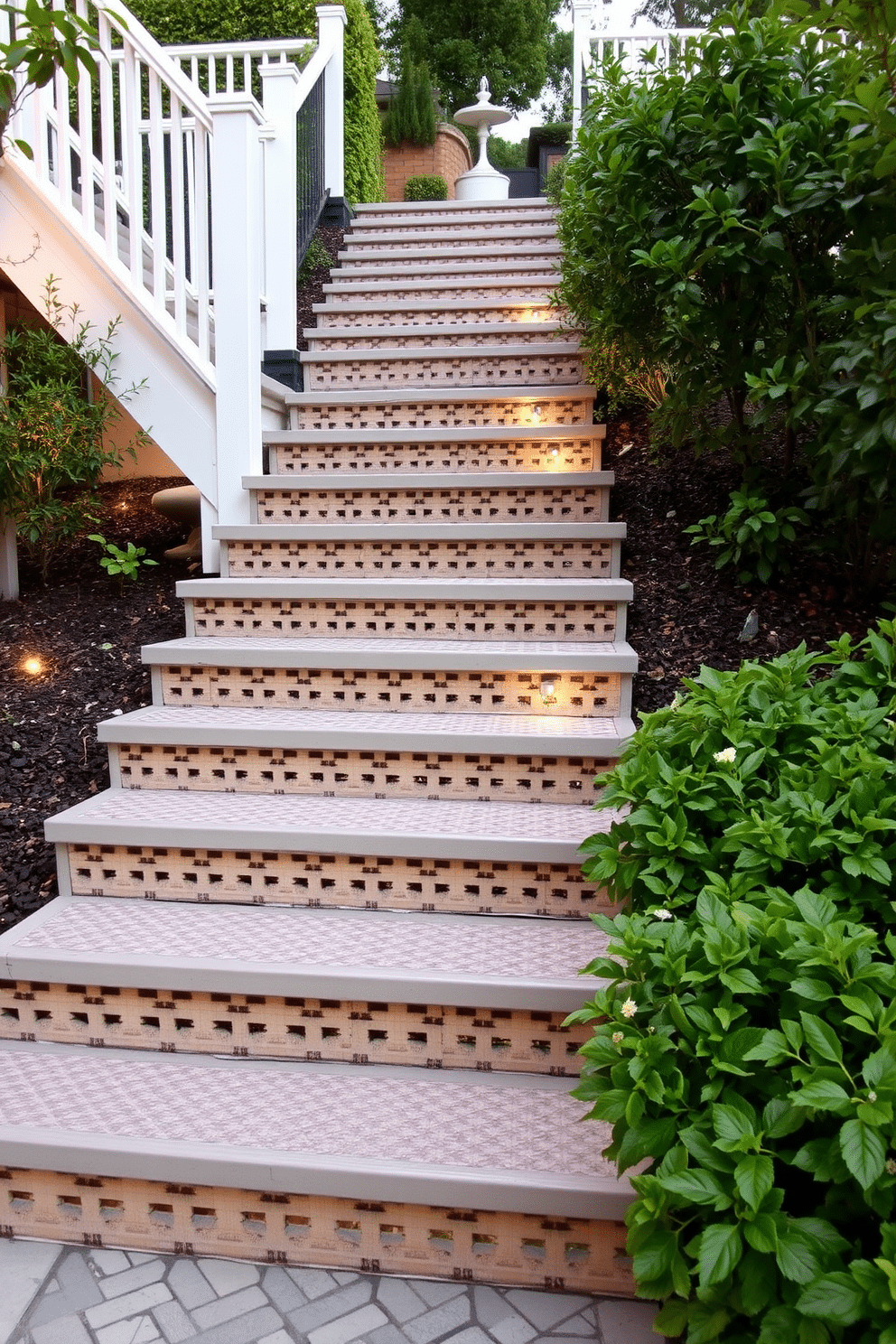 Latticework steps lead gracefully up the outdoor staircase, creating a unique textured look that blends seamlessly with the surrounding landscape. The steps are framed by lush greenery and soft lighting, enhancing the inviting atmosphere of the design.