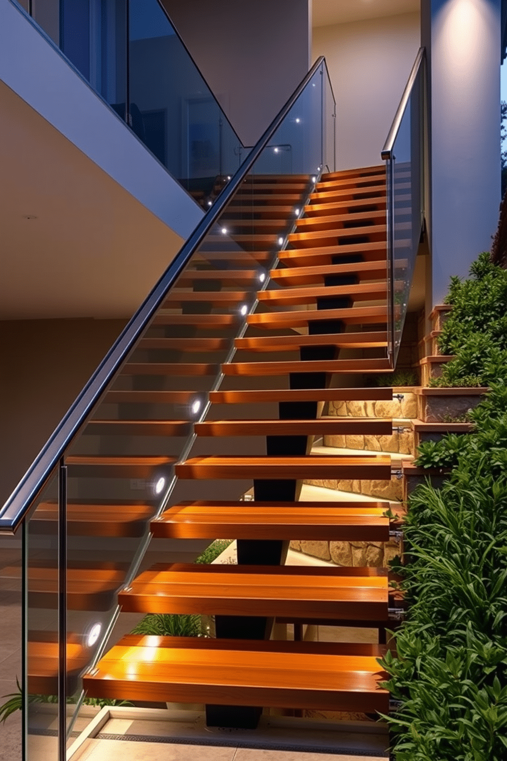 A stunning modern cantilevered staircase features sleek, floating wooden steps that seem to defy gravity, anchored by a minimalist glass railing. The staircase is illuminated by strategically placed LED lights, creating a dramatic effect that enhances the architectural beauty of the space. For the outdoor staircase, envision a combination of natural stone and wood, seamlessly blending with the surrounding landscape. This design incorporates lush greenery along the sides, providing a serene and inviting atmosphere for outdoor gatherings.