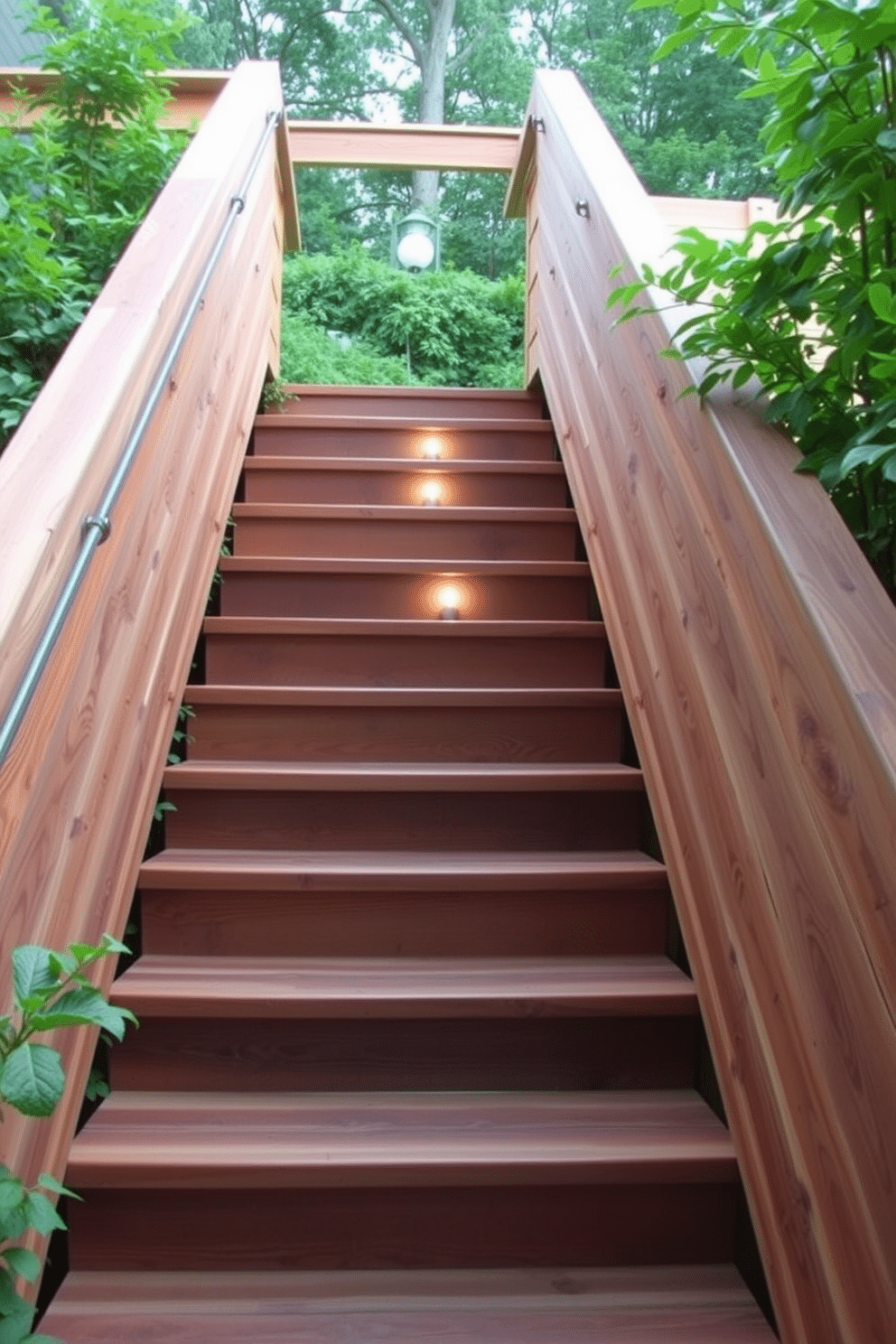 A stunning outdoor staircase made from reclaimed wood, featuring wide treads and a natural finish that highlights the wood's unique grain. Lush greenery surrounds the staircase, creating a seamless blend between the structure and the natural landscape. The staircase is supported by sturdy, rustic metal railings that provide safety while enhancing the overall aesthetic. Soft ambient lighting is integrated along the steps, casting a warm glow that invites you to ascend as the sun sets.