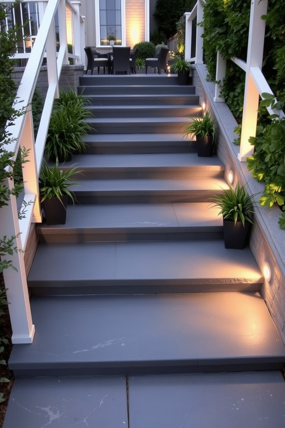 Elegant slate steps with a smooth finish lead gracefully from the garden to the patio, surrounded by lush greenery. The steps are accented with subtle lighting that highlights their texture, creating a warm and inviting atmosphere in the evening. The outdoor staircase features a contemporary design with clean lines and a minimalistic railing, enhancing the overall aesthetic. Potted plants are strategically placed along the sides, adding a touch of nature and color to the sleek slate surface.