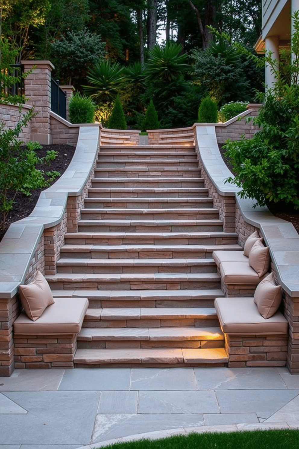 A stunning outdoor staircase features built-in seating areas on either side, creating a welcoming space for relaxation. The staircase is constructed from natural stone, with lush greenery surrounding it, enhancing the outdoor ambiance. The seating areas are designed with comfortable cushions in muted earth tones, inviting guests to sit and enjoy the view. Soft outdoor lighting illuminates the staircase at night, creating a warm and inviting atmosphere.