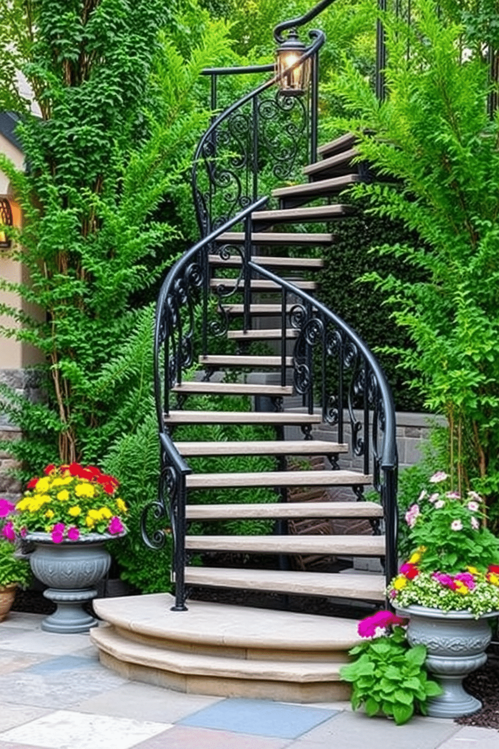 A stunning outdoor staircase featuring a wrought iron spiral design, elegantly winding upwards. The staircase is framed by lush greenery and soft landscape lighting, creating a captivating focal point in any garden or patio setting. The steps are crafted from natural stone, providing a beautiful contrast to the intricate ironwork. Surrounding the staircase, vibrant flowers and decorative planters enhance the outdoor ambiance, making it a perfect blend of functionality and aesthetics.