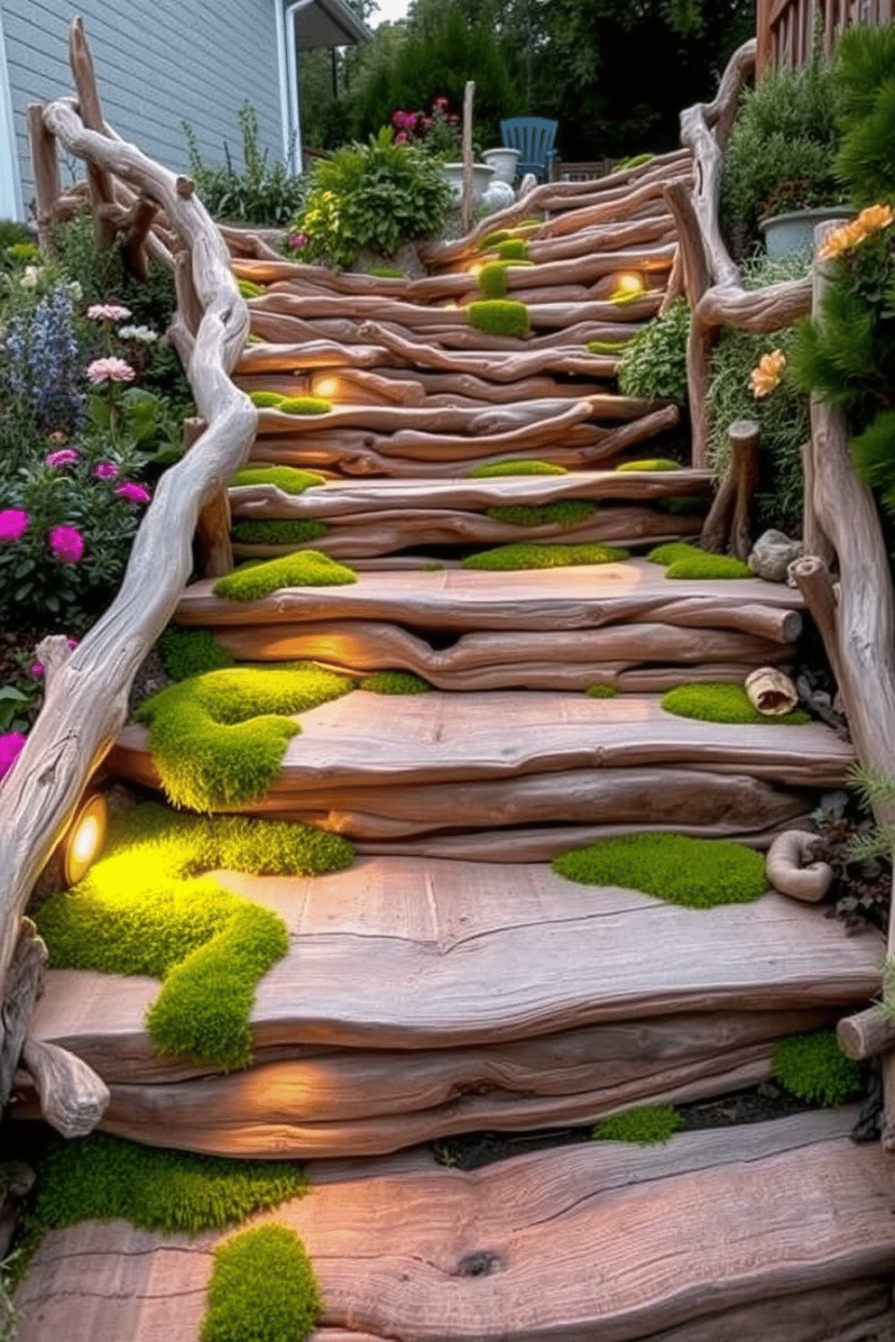 A stunning outdoor staircase crafted from reclaimed driftwood, seamlessly blending with the natural landscape. The steps are artfully arranged, showcasing the unique textures and colors of the wood, with soft green moss accentuating the organic feel. Surrounding the staircase, lush greenery and vibrant flowers create a picturesque setting. Soft lighting embedded within the steps illuminates the pathway, enhancing the inviting atmosphere during the evening.