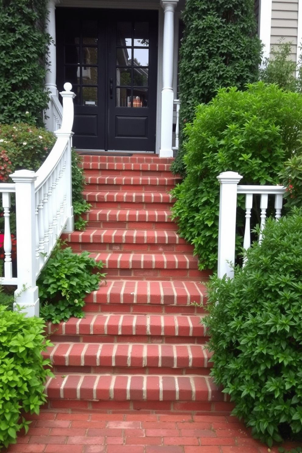 Classic brick steps with white railings lead up to a charming entrance. Lush greenery surrounds the staircase, enhancing the inviting atmosphere.