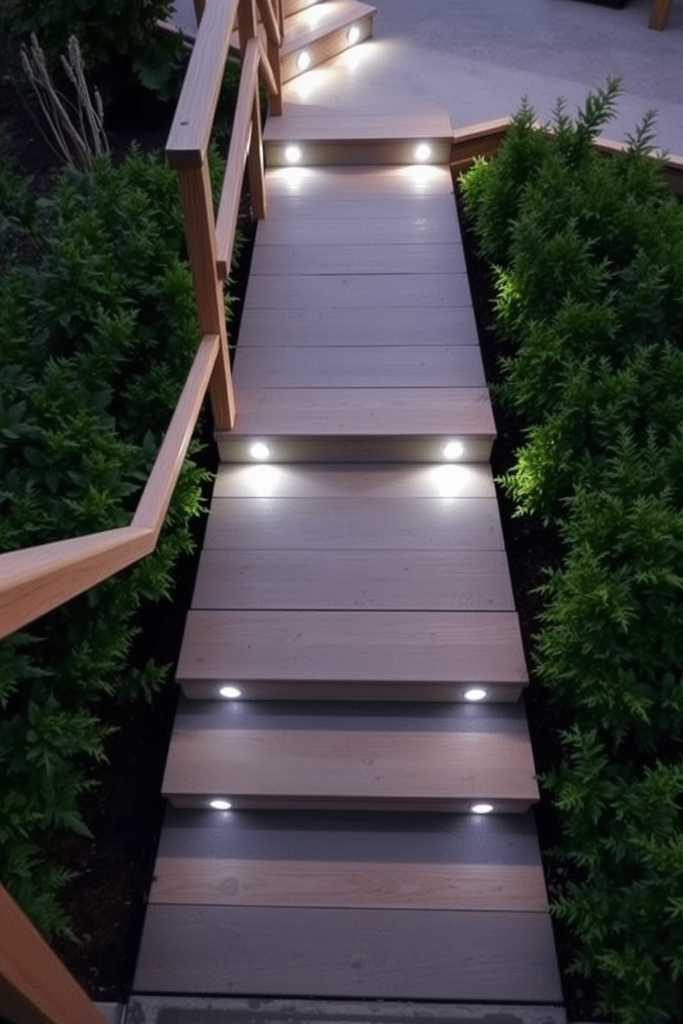 Illuminated plank wood stairs with integrated LED lighting for enhanced safety feature a sleek design that complements the surrounding landscape. The stairs are surrounded by lush greenery, with handrails crafted from natural wood to provide a warm and inviting touch. The outdoor staircase showcases a modern aesthetic with wide, sturdy planks and a minimalist design that emphasizes functionality. Soft lighting highlights each step, creating a visually appealing pathway that ensures safe navigation during the evening hours.