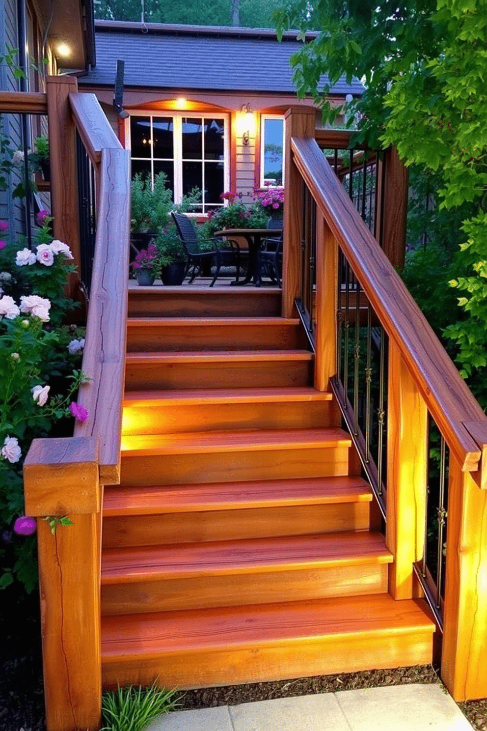 Rustic timber steps lead gracefully to a charming patio area, surrounded by lush greenery and blooming flowers. The warm, natural hues of the timber contrast beautifully with the vibrant colors of the outdoor landscape, creating an inviting atmosphere. The staircase features sturdy railings made of wrought iron, adding a touch of elegance to the rustic design. Soft outdoor lighting illuminates the steps at dusk, enhancing the cozy ambiance of the patio space.