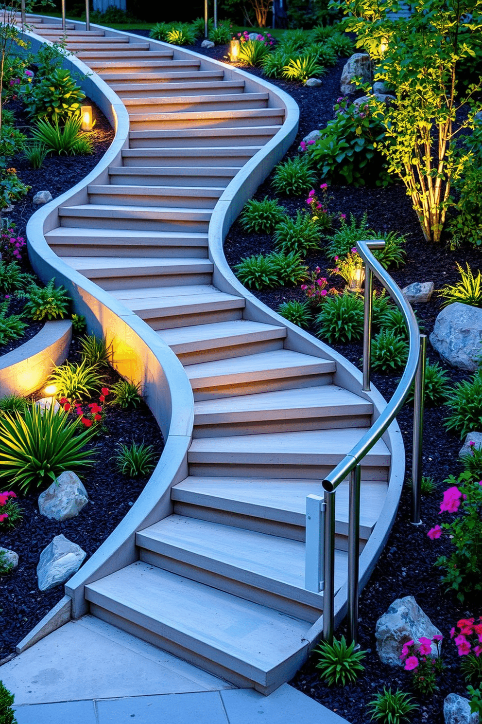 Curved concrete stairs gracefully wind through a lush garden, surrounded by vibrant greenery and colorful flowers. The steps are complemented by strategically placed outdoor lighting that highlights the unique shape of the staircase during the evening. The landscaping features a mix of low-maintenance plants and decorative stones, creating a harmonious blend with the modern design of the stairs. A sleek handrail runs along the side, adding both safety and style to this inviting outdoor space.