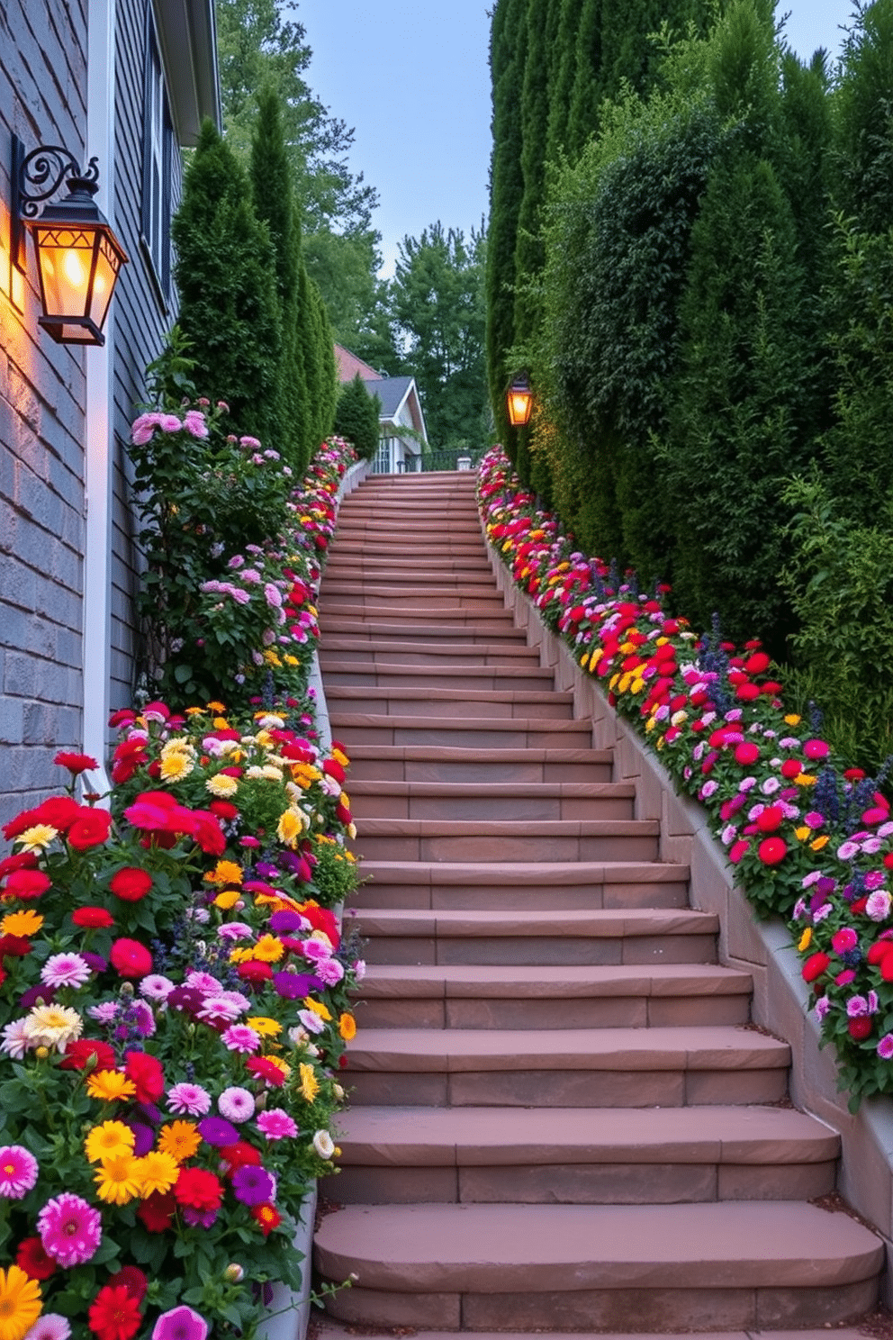 A charming outdoor staircase leads through a lush garden, flanked by vibrant flower borders in various hues. The steps are made of natural stone, blending seamlessly with the surrounding greenery, while whimsical lanterns illuminate the path in the evening.