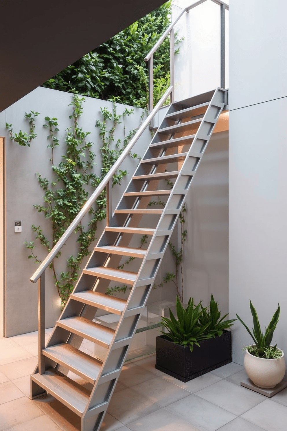 A sleek, minimalist metal staircase ascends gracefully, featuring open risers and a brushed steel handrail that complements its contemporary aesthetic. The surrounding area is adorned with lush greenery, providing a striking contrast against the industrial design of the stairs. The staircase is illuminated by soft, recessed lighting that highlights its clean lines and modern materials. Below, a minimalist outdoor space with stone pavers and decorative planters enhances the overall elegance of the design.