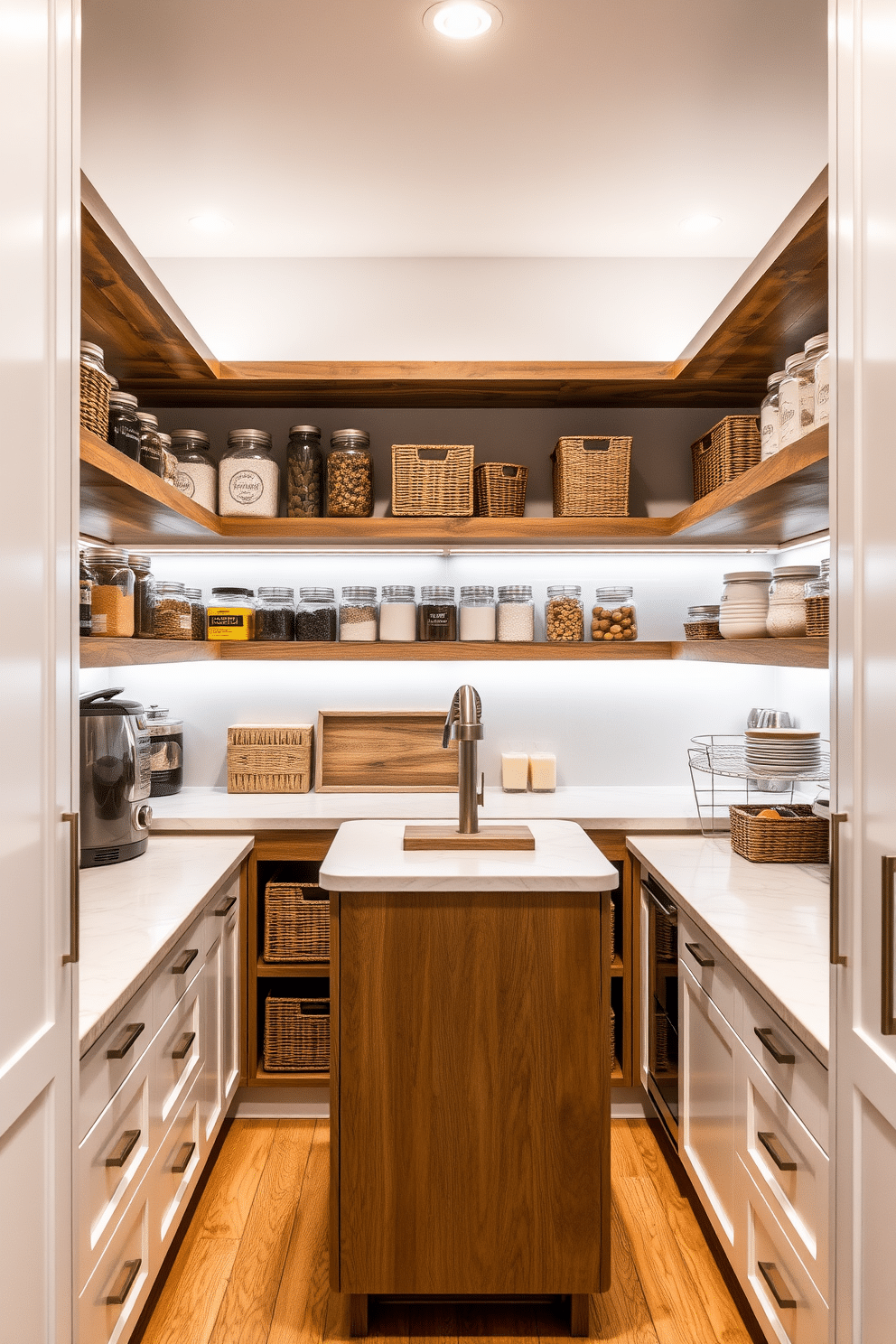 A modern pantry featuring open shelving for easy access to frequently used items. The shelves are made of reclaimed wood, providing a warm contrast to the sleek white cabinetry and marble countertops. Brightly lit with under-shelf lighting, the pantry showcases neatly organized jars and baskets for a clutter-free look. A small island in the center offers additional prep space and doubles as a cozy breakfast nook.