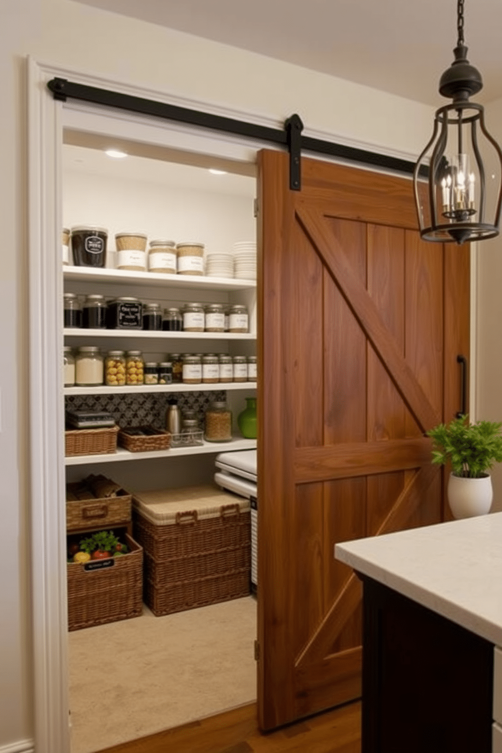 A stylish pantry featuring a sliding barn door that adds rustic charm and functionality. Inside, custom shelving is organized with labeled jars and baskets, creating an efficient and visually appealing storage solution. The walls are painted in a soft, neutral tone to enhance the natural light, while a patterned backsplash adds a touch of personality. A small countertop area is included for meal prep, complemented by decorative elements like potted herbs and a vintage-inspired light fixture.